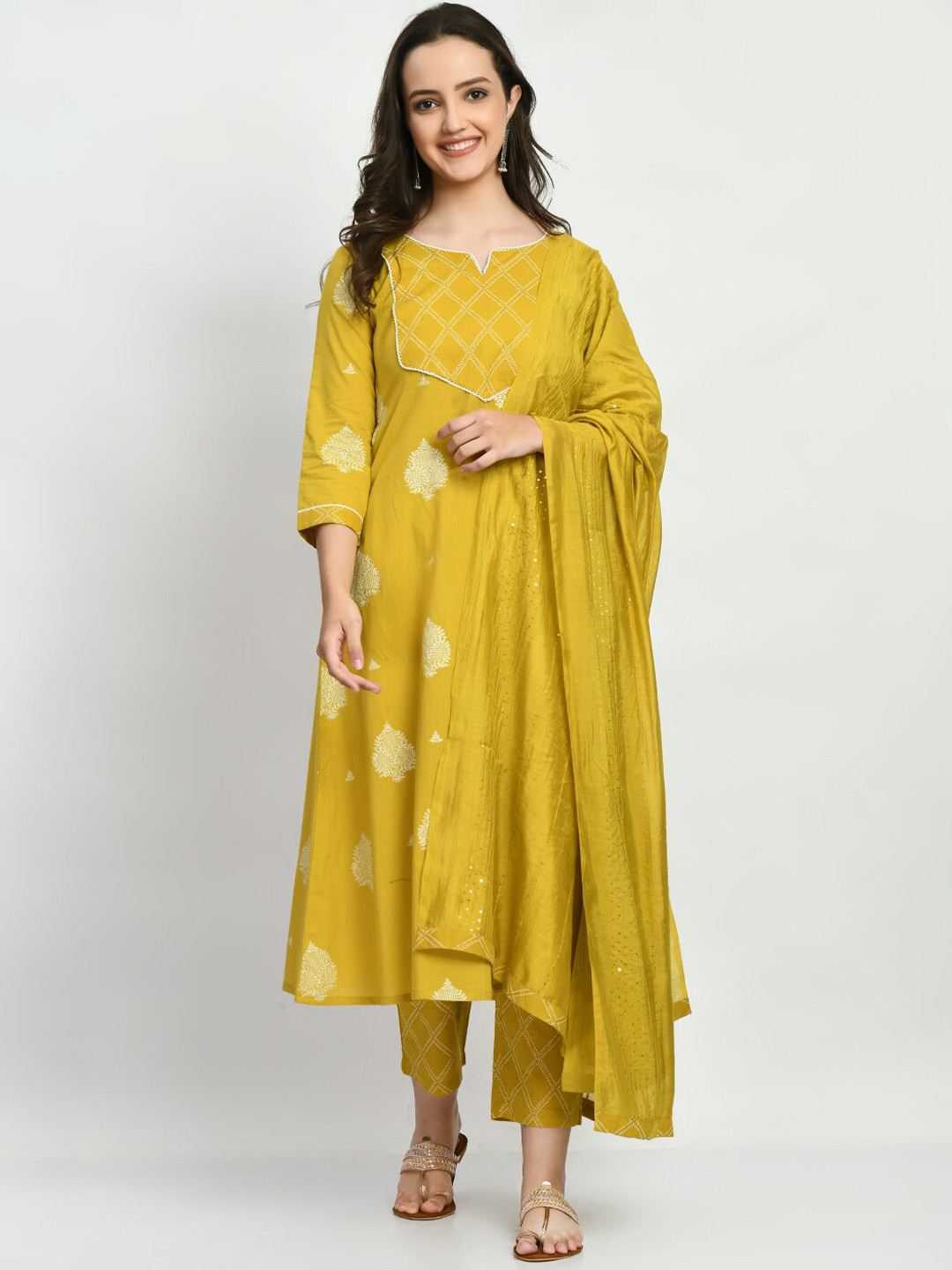 

KALINI Ethnic Motifs Printed Regular Pure Cotton Kurta With Trousers & Dupatta, Mustard