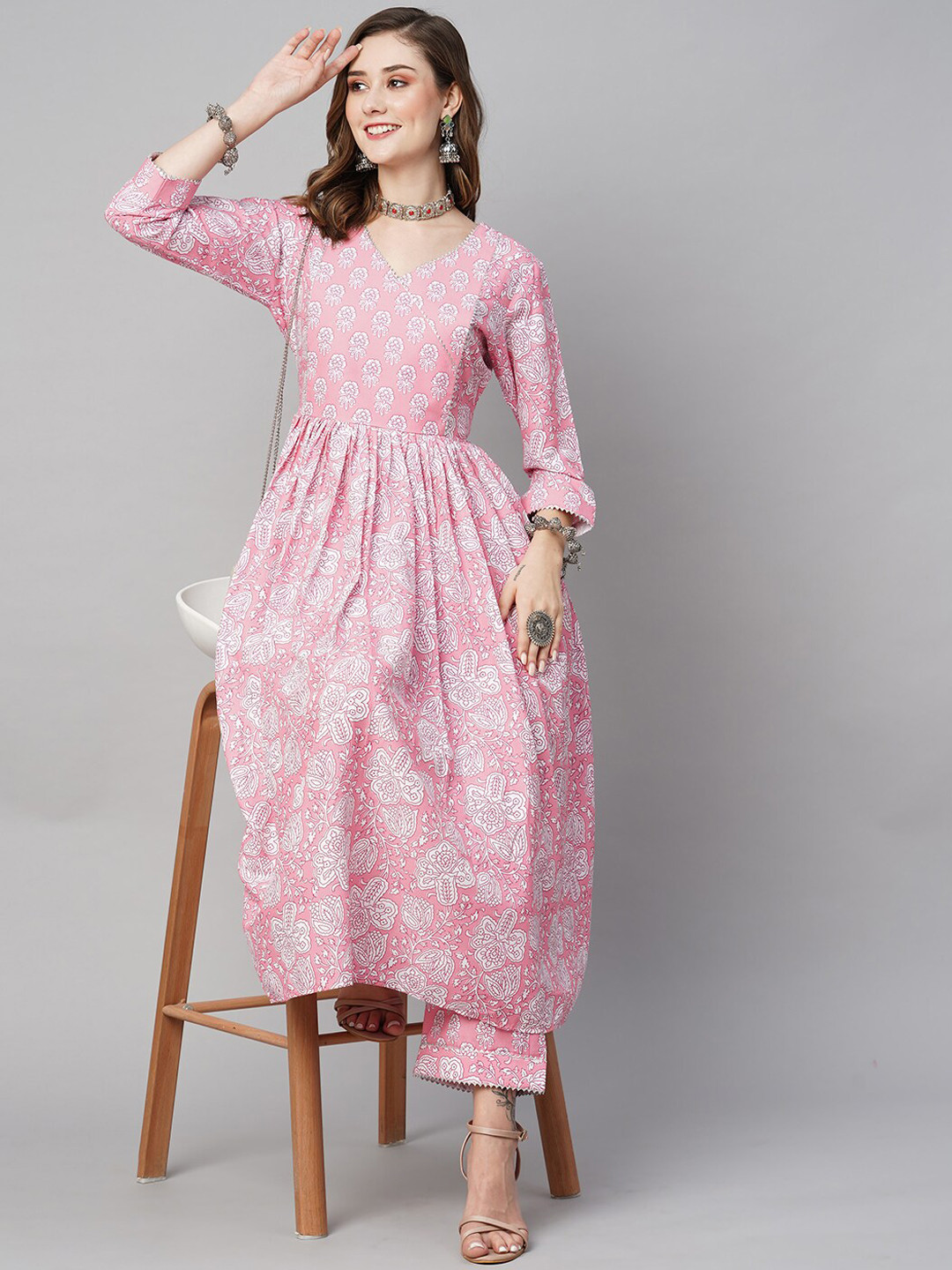 

KALINI Floral Printed Pleated A-Line Kurta with Trousers, Pink