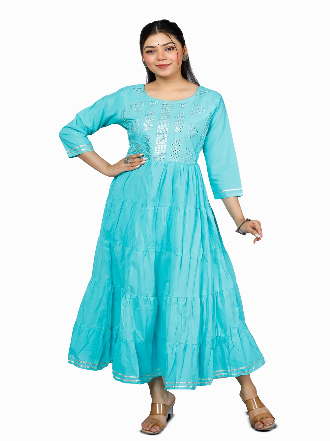 

HIGHLIGHT FASHION EXPORT Mirror Work Embroidered Cotton Fit & Flare Maxi Ethnic Dress, Blue