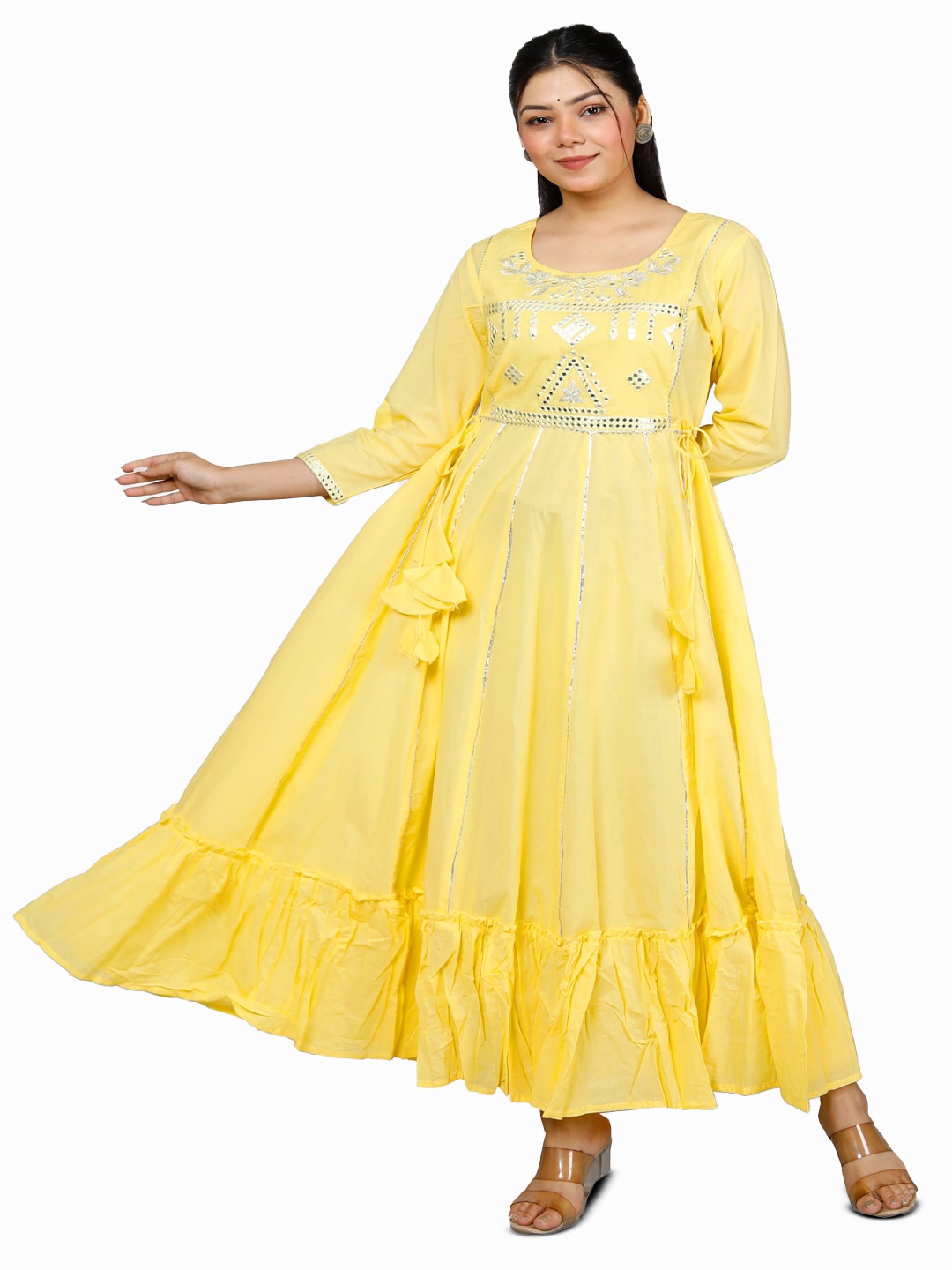 

HIGHLIGHT FASHION EXPORT Mirror Work Embroidered Cotton Fit & Flare Maxi Ethnic Dress, Yellow