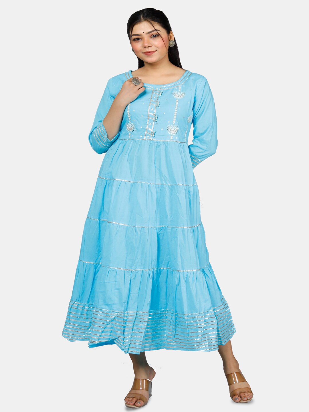 

HIGHLIGHT FASHION EXPORT Gotta Patti Embroidered Cotton Fit & Flare Midi Ethnic Dress, Blue