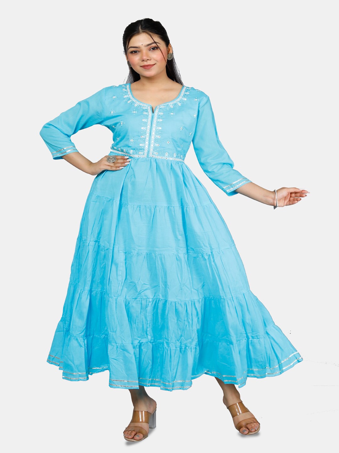 

HIGHLIGHT FASHION EXPORT Embroidered Tiered Details Cotton Fit & Flare Ethnic Dress, Blue