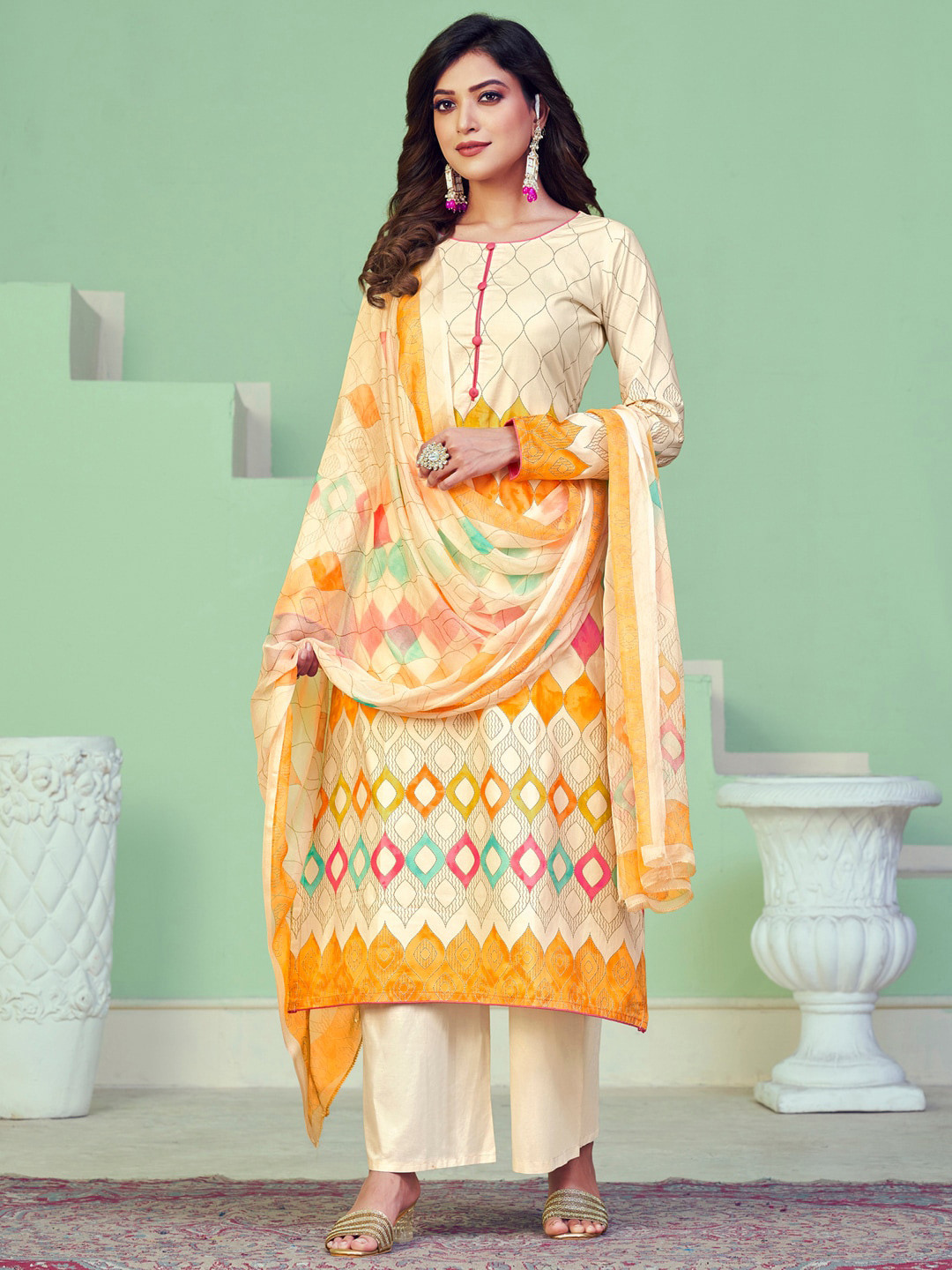 

Stylee LIFESTYLE Printed Pure Cotton Unstitched Dress Material, Cream