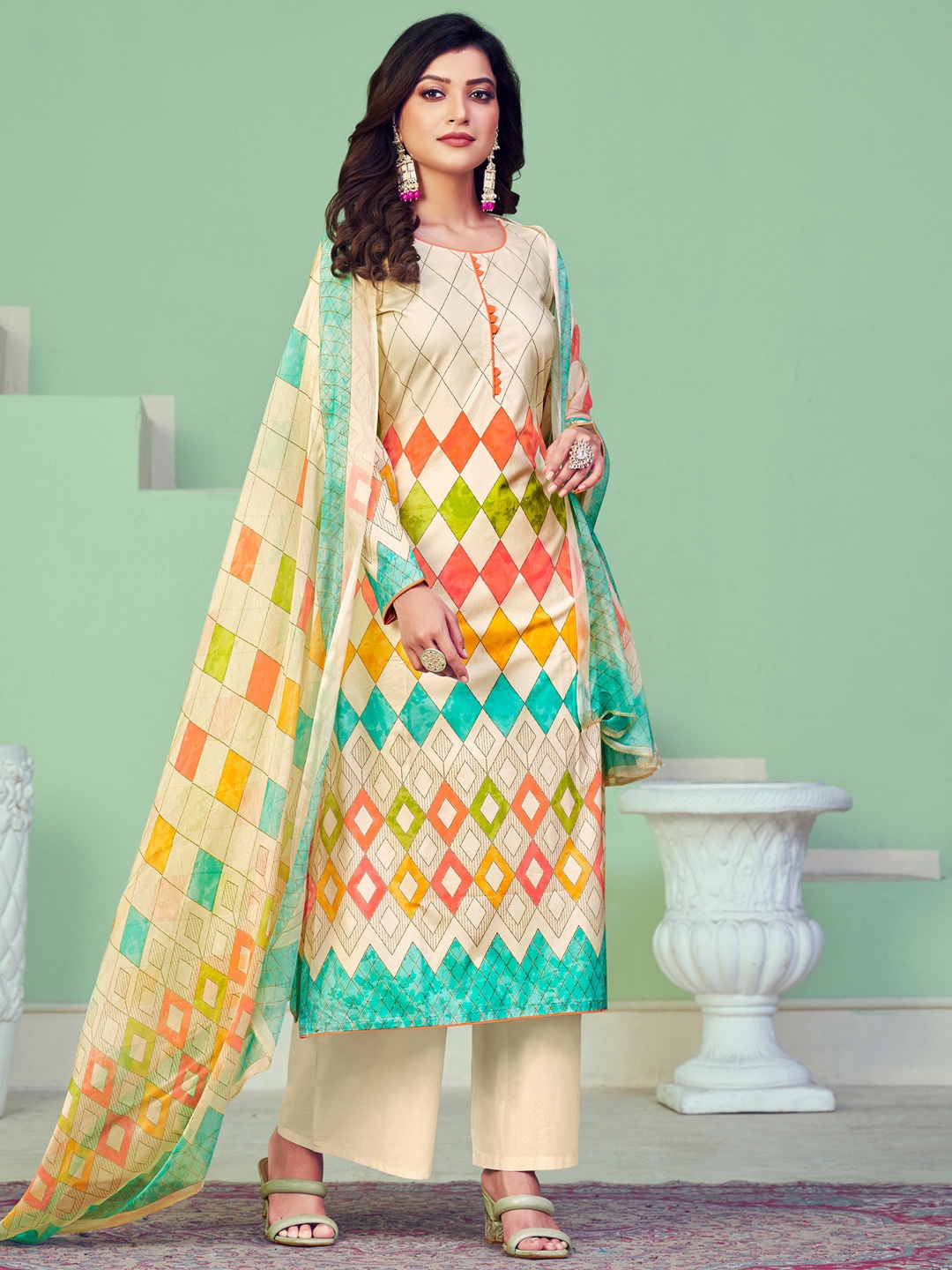 

Stylee LIFESTYLE Printed Pure Cotton Unstitched Dress Material, Cream