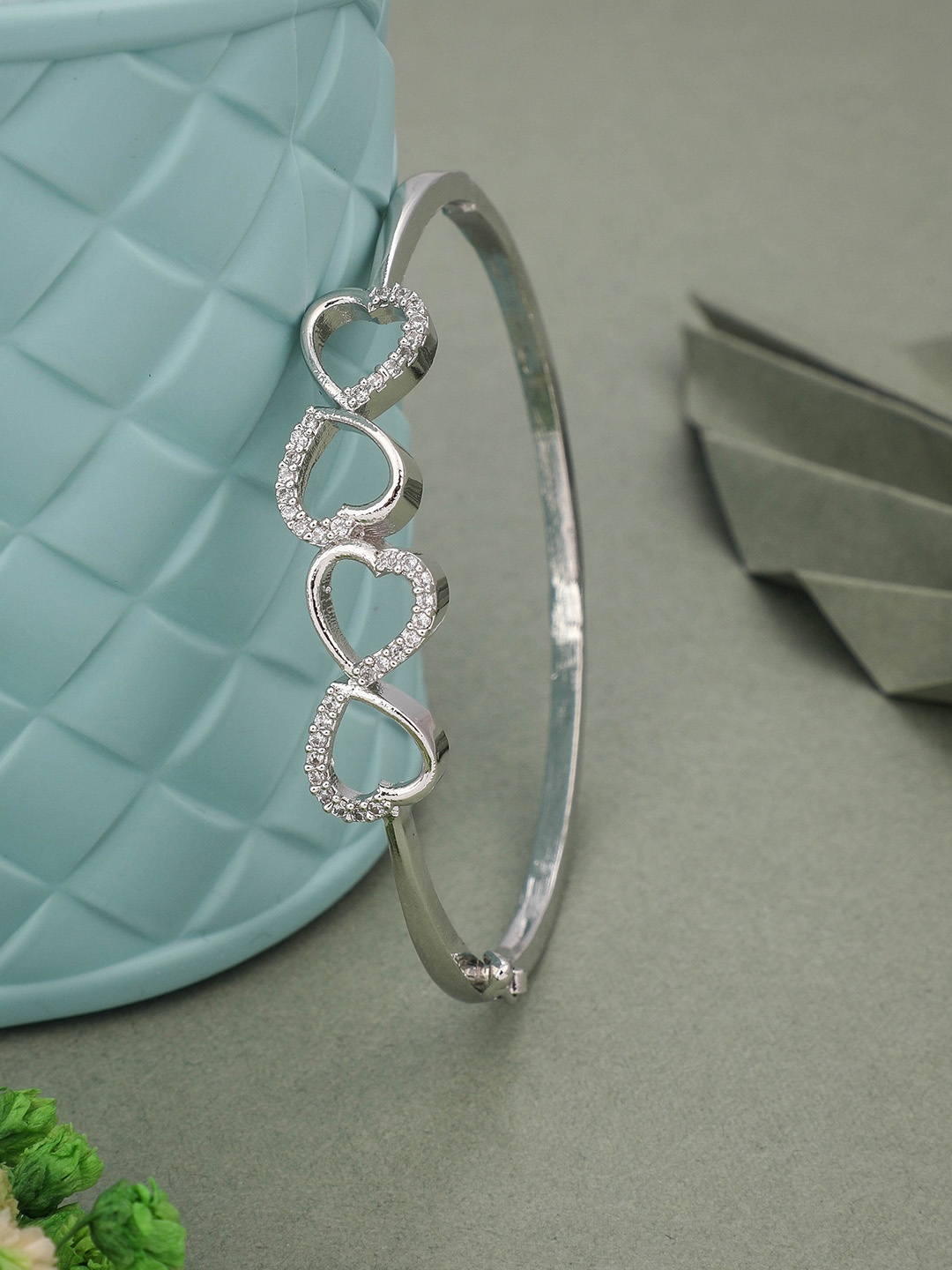 

ROFARWORD Women Silver-Toned & White Silver-Plated Kada Bracelet