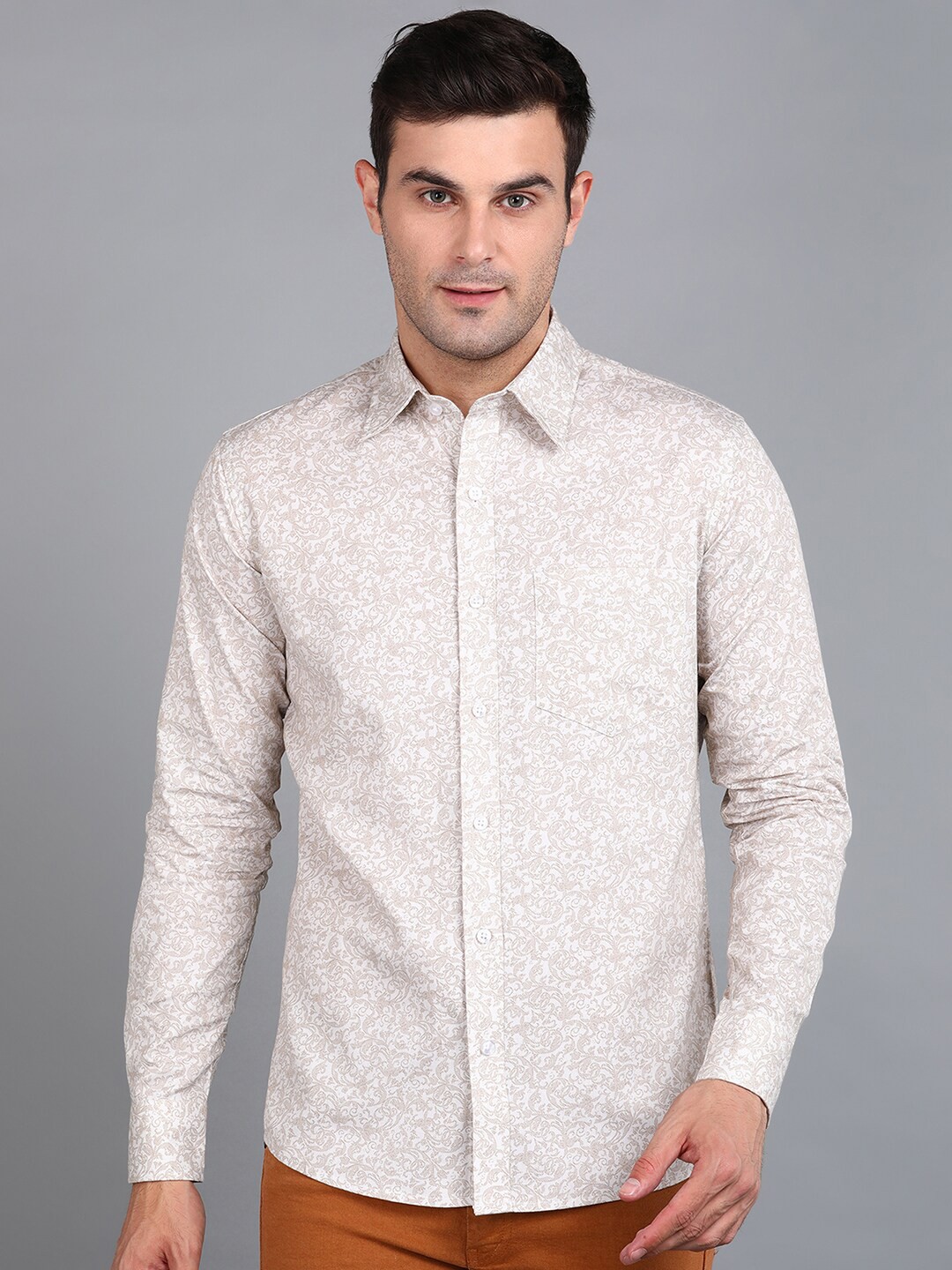 

ZNX Clothing Premium Floral Printed Cotton Formal Shirt, Beige