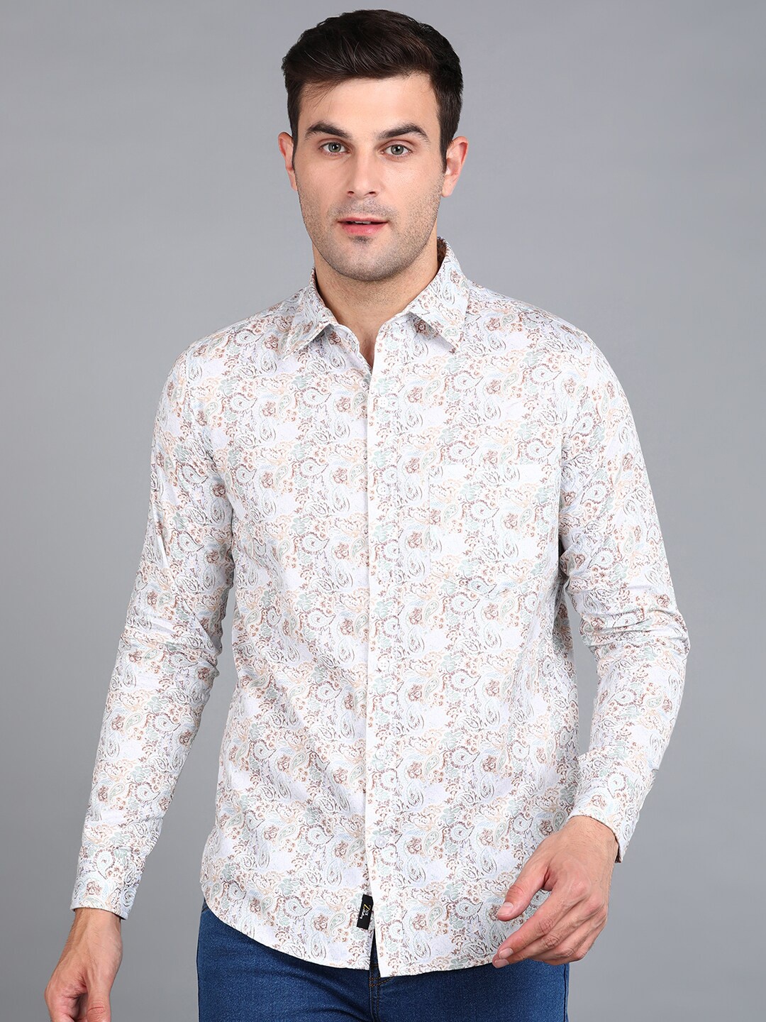 ZNX Clothing Premium Floral Printed Cotton Formal Shirt, Off white