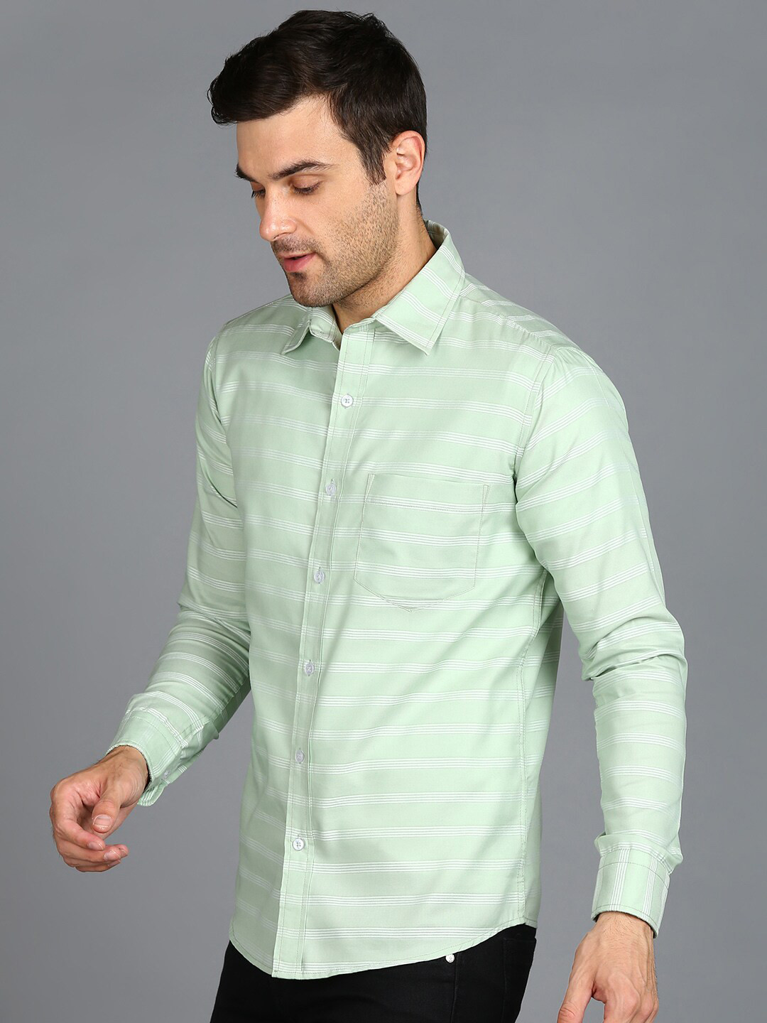 

ZNX Clothing Premium Horizontal Striped Cotton Formal Shirt, Green
