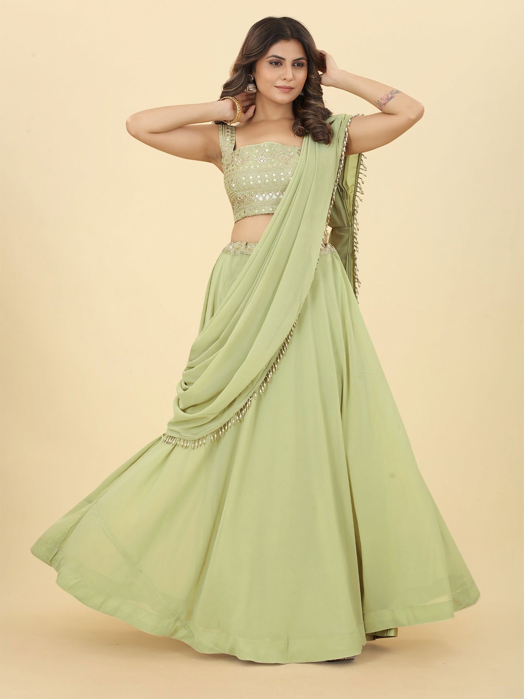 

KALINI Embroidered Sequinned Ready to Wear Lehenga & Blouse With Dupatta, Sea green