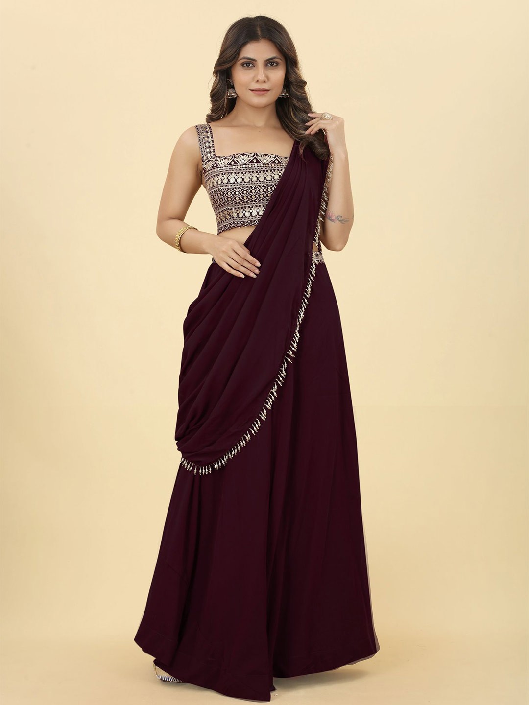 

KALINI Embroidered Ready to Wear Lehenga & Blouse With Dupatta, Burgundy