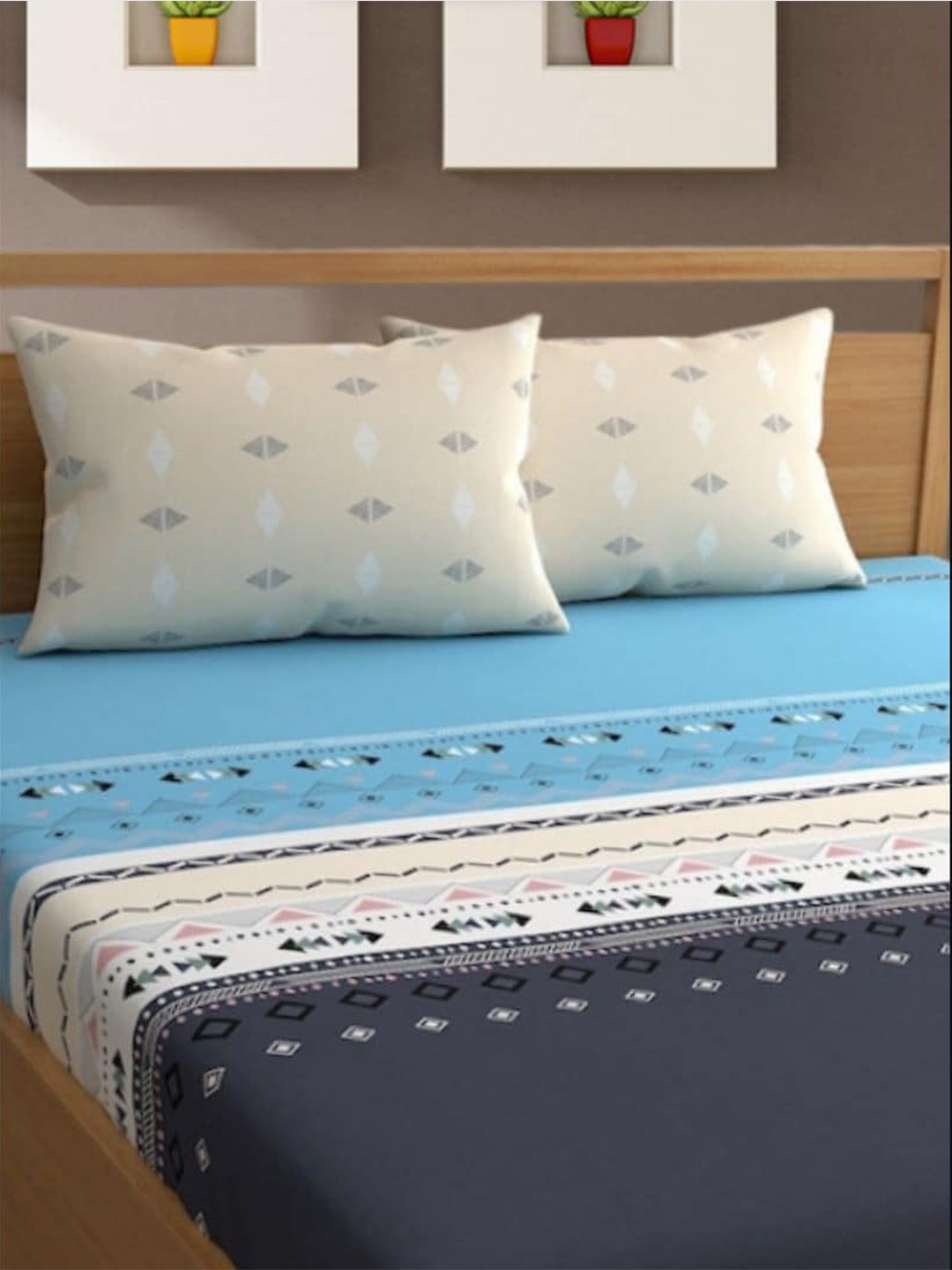 

Bajo's Grey & Blue Geometric 350 TC Cotton King Bedsheet with 2 Pillow Covers