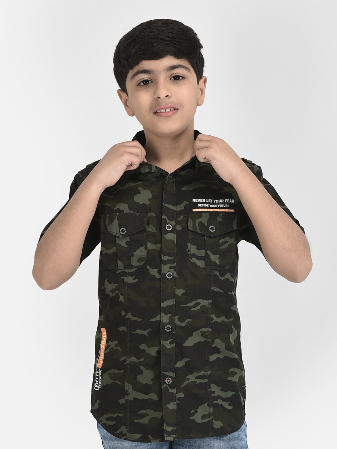 

Crimsoune Club Boys Slim Fit Camouflage Printed Pure Cotton Casual Shirt, Olive