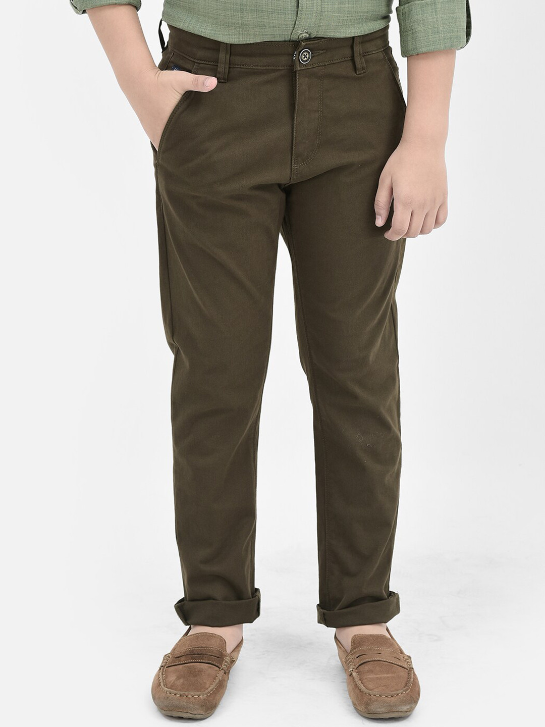 

Crimsoune Club Boys Olive Green Slim Fit Mid-Rise Chinos Trousers