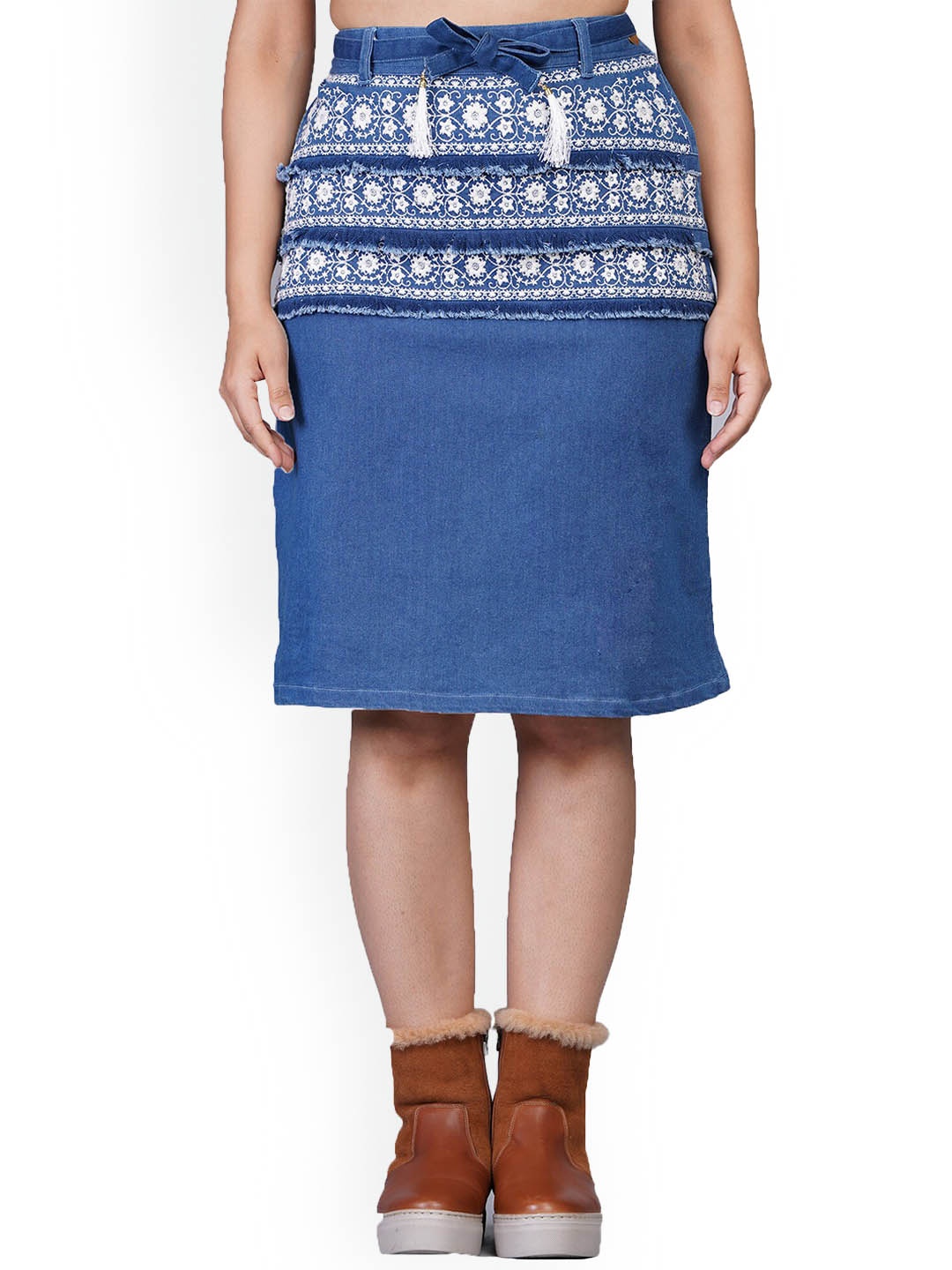 

SUMAVI-FASHION Embroidered Pencil Knee Length Skirt, Blue