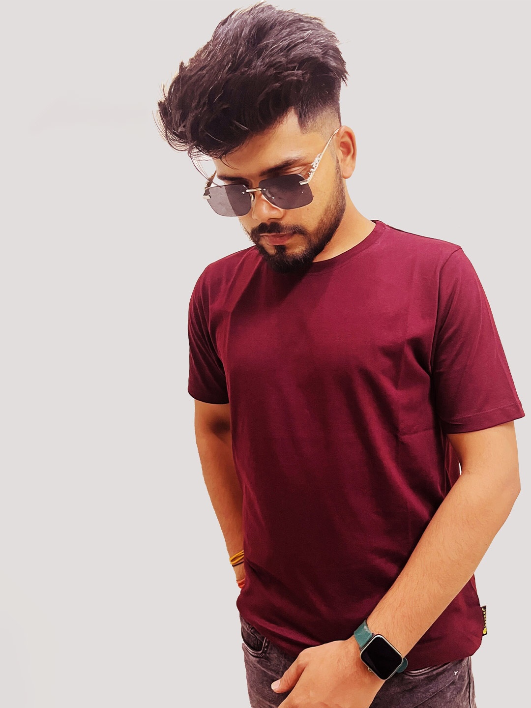 

KAEZRI Round Neck Cotton T-shirt, Maroon