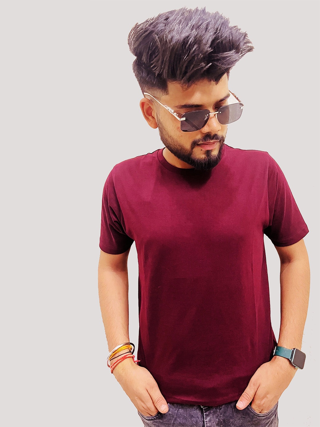 

KAEZRI Round Neck Cotton T-shirt, Maroon