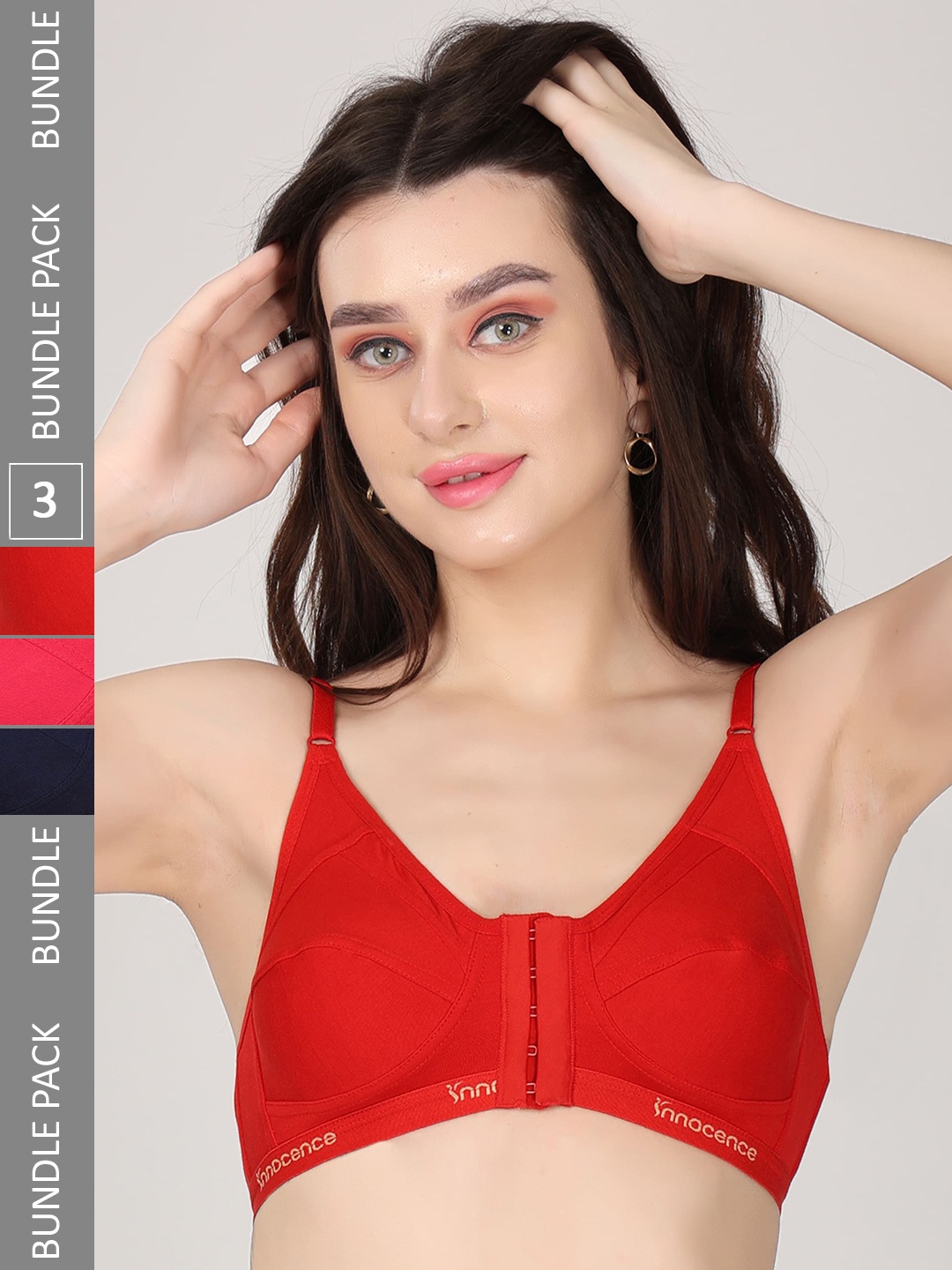 

Innocence Pack Of 3 Full Coverage Seamless Non Padded Cotton Everyday Bras, Red