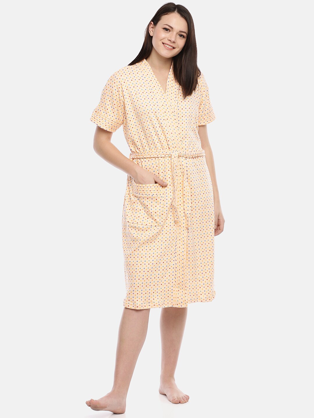 

GOLDSTROMS Peach-Coloured Printed V-Neck Cotton Bath Robe