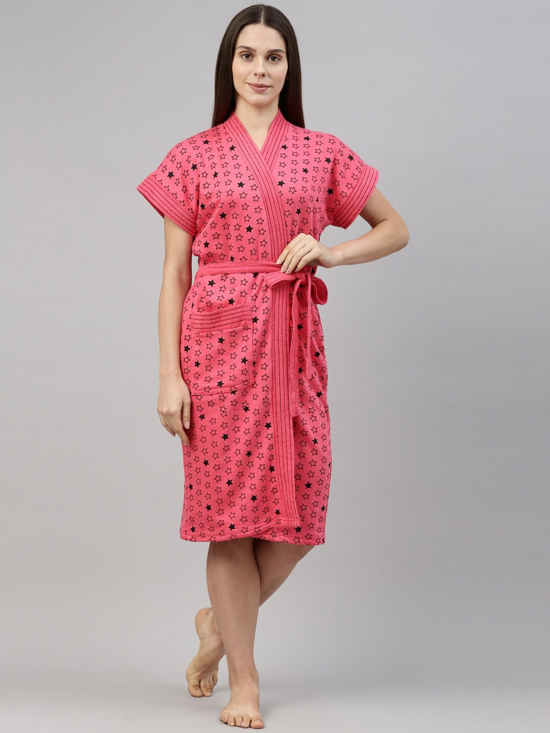 

GOLDSTROMS Red Printed V-Neck Cotton Bath Robe