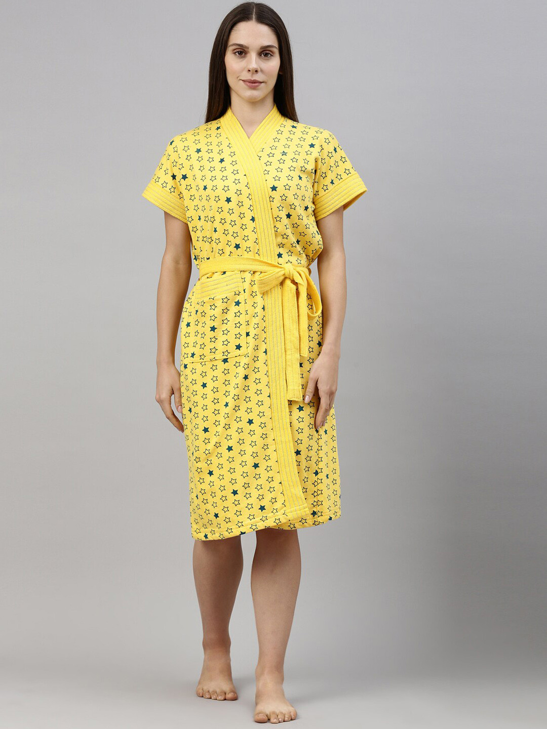 

GOLDSTROMS Yellow Printed V-Neck Cotton Bath Robe
