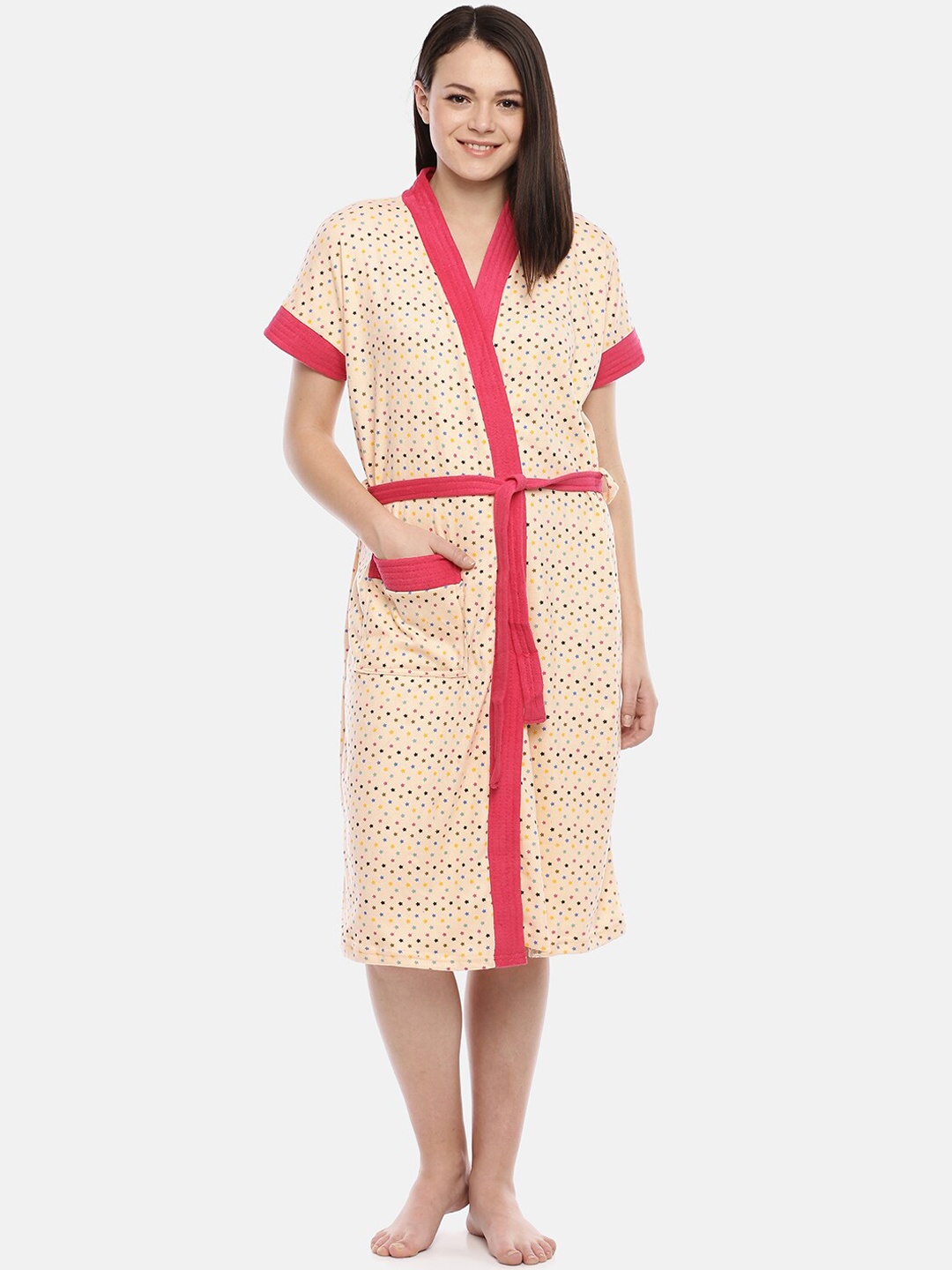 

GOLDSTROMS Peach-Coloured Printed V-Neck Cotton Bath Robe