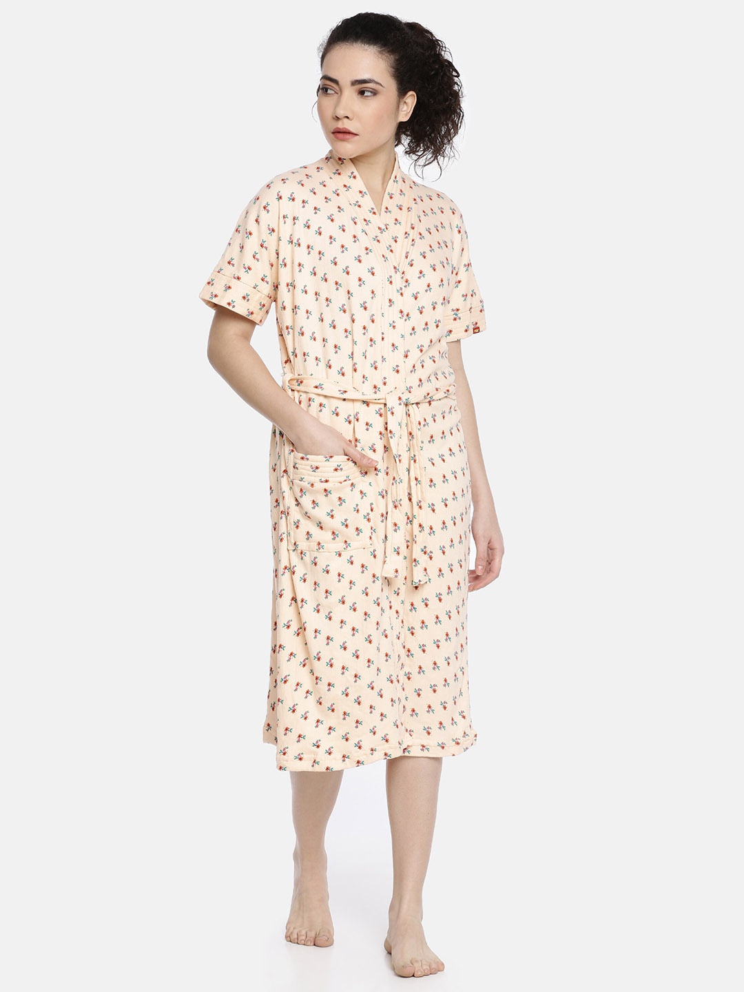 

GOLDSTROMS Peach-Coloured Printed V-Neck Cotton Bath Robe