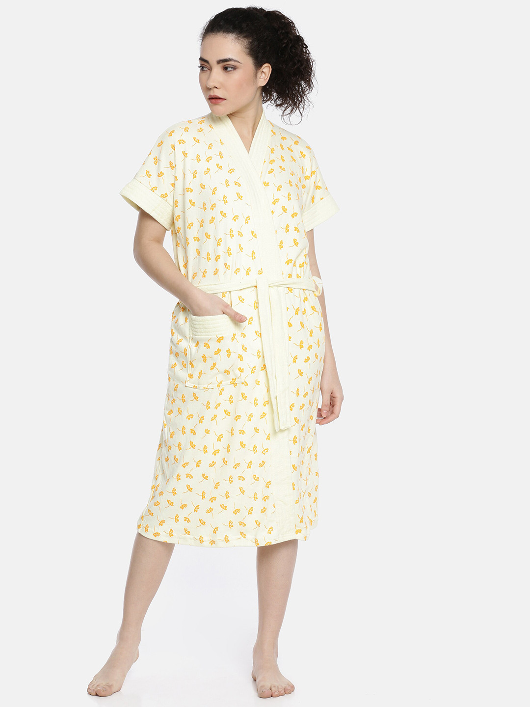 

GOLDSTROMS Lemon Yellow Printed V-Neck Cotton Bath Robe
