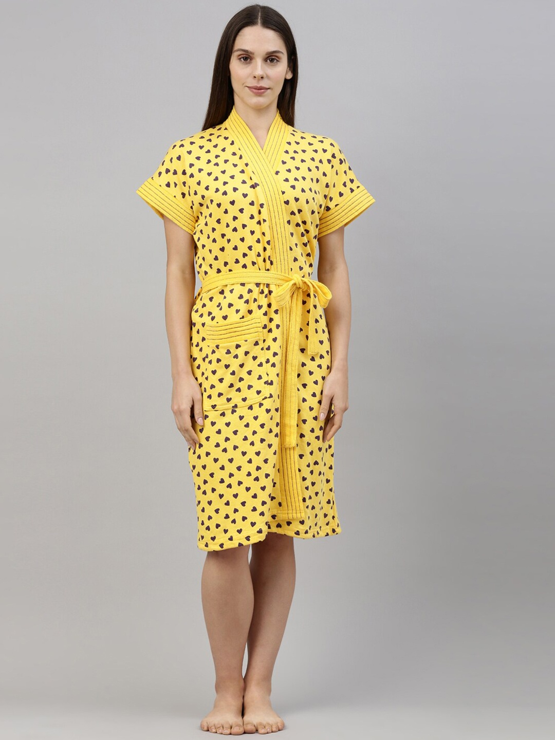 

GOLDSTROMS Yellow Printed V-Neck Cotton Bath Robe