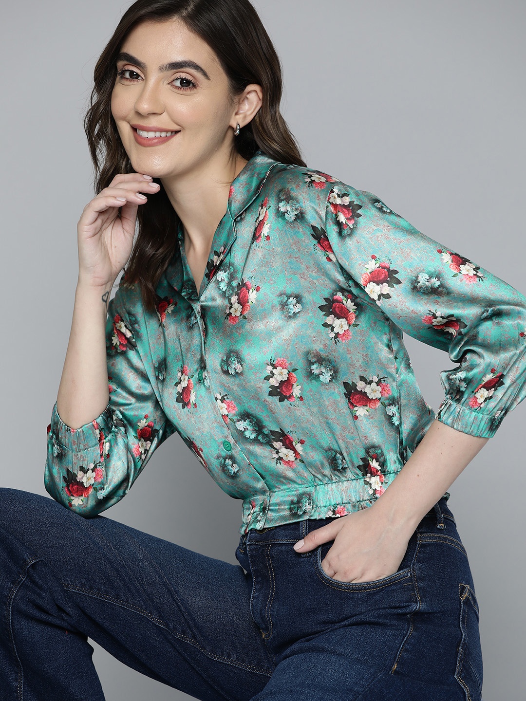 

Mast & Harbour Floral Print Satin Shirt Style Crop Top, Green
