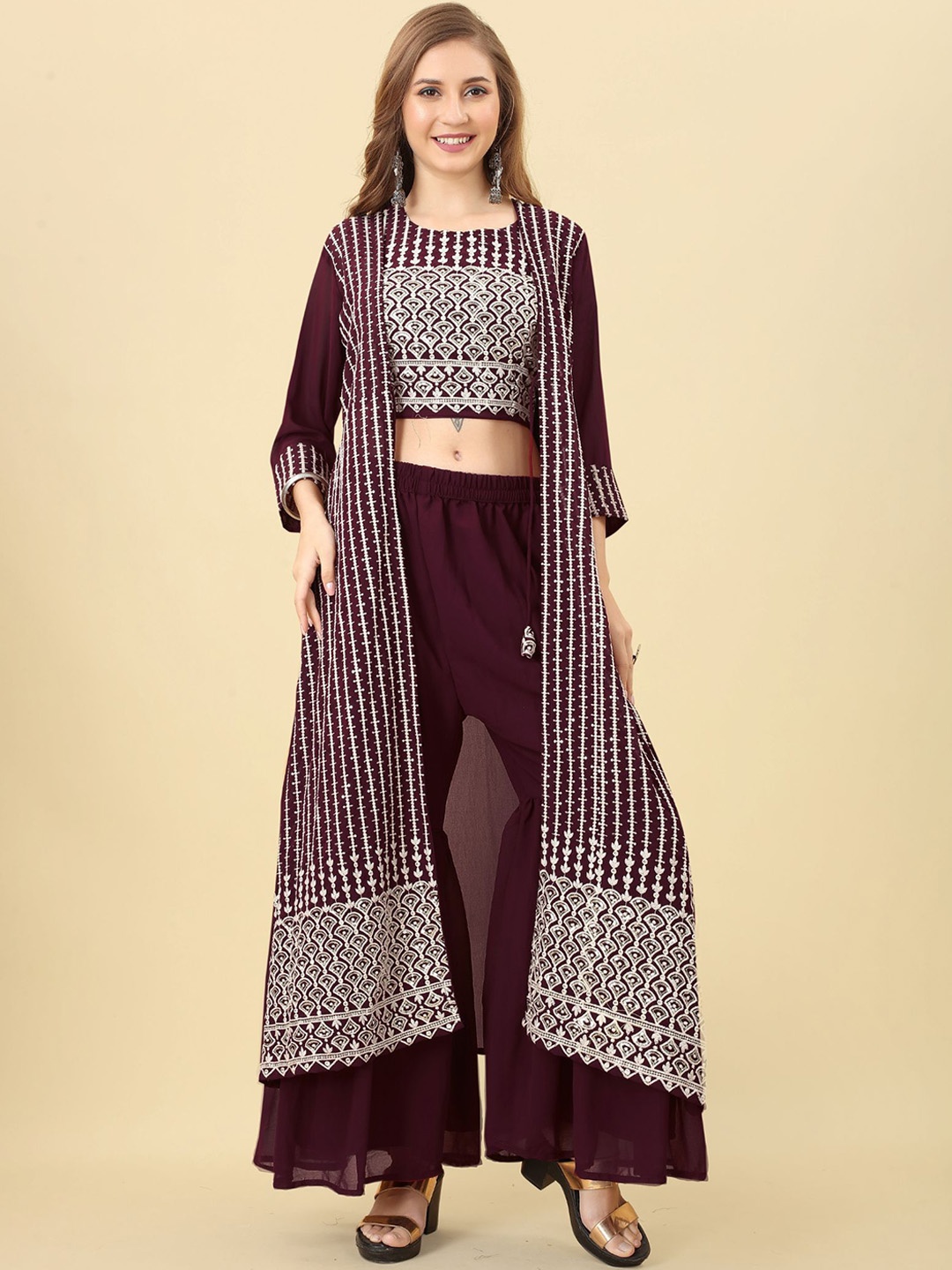 

KALINI Ethnic Motifs Embroidered Top with Sharara & Jacket, Burgundy