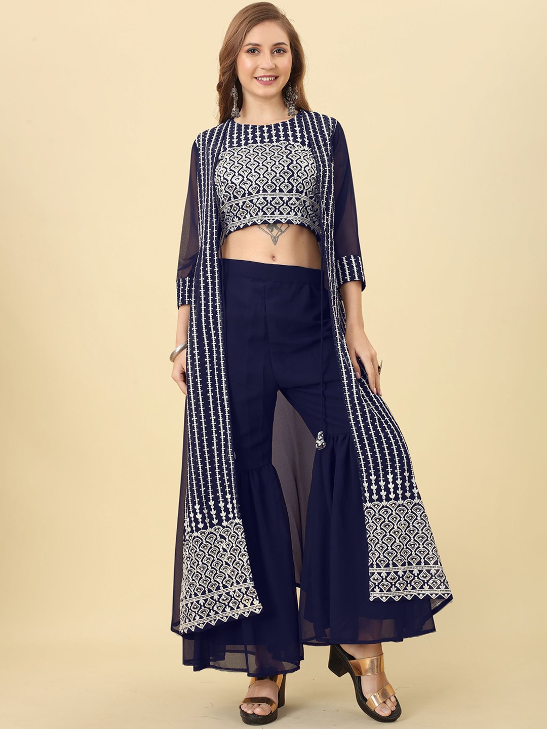 

KALINI Ethnic Motifs Embroidered Sequinned Straight Top with Sharara & With Jacket, Blue