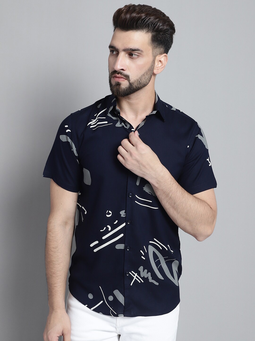 

JAINISH Classic Abstract Printed Casual Shirt, Navy blue