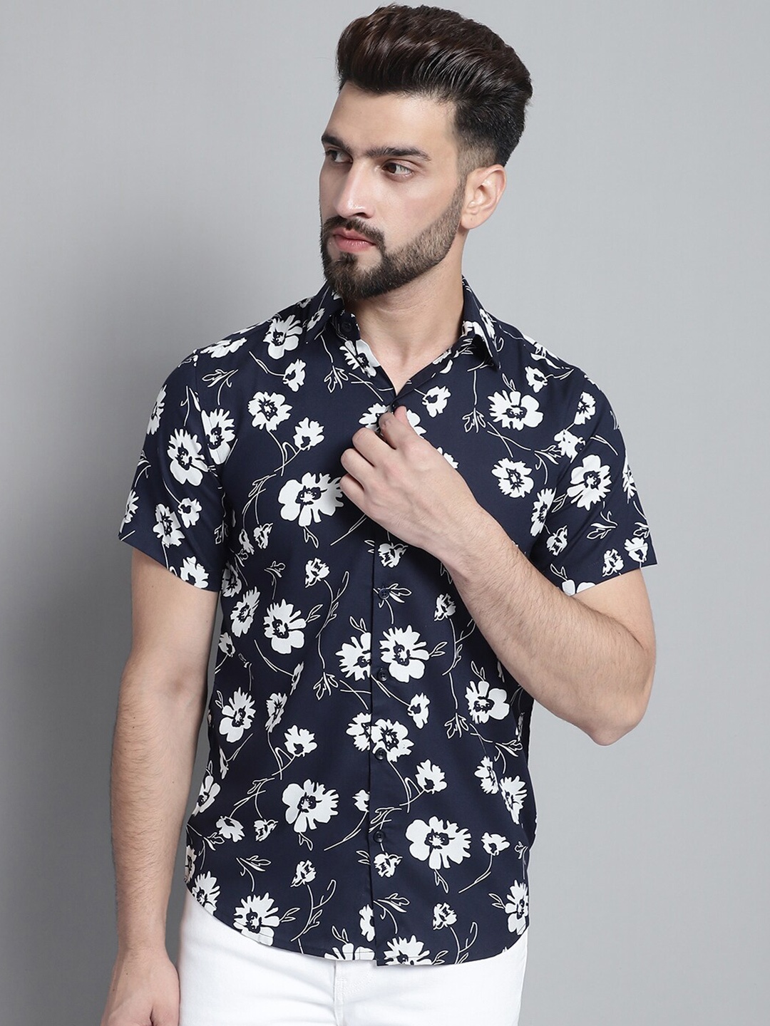 

JAINISH Classic Floral Printed Casual Shirt, Navy blue