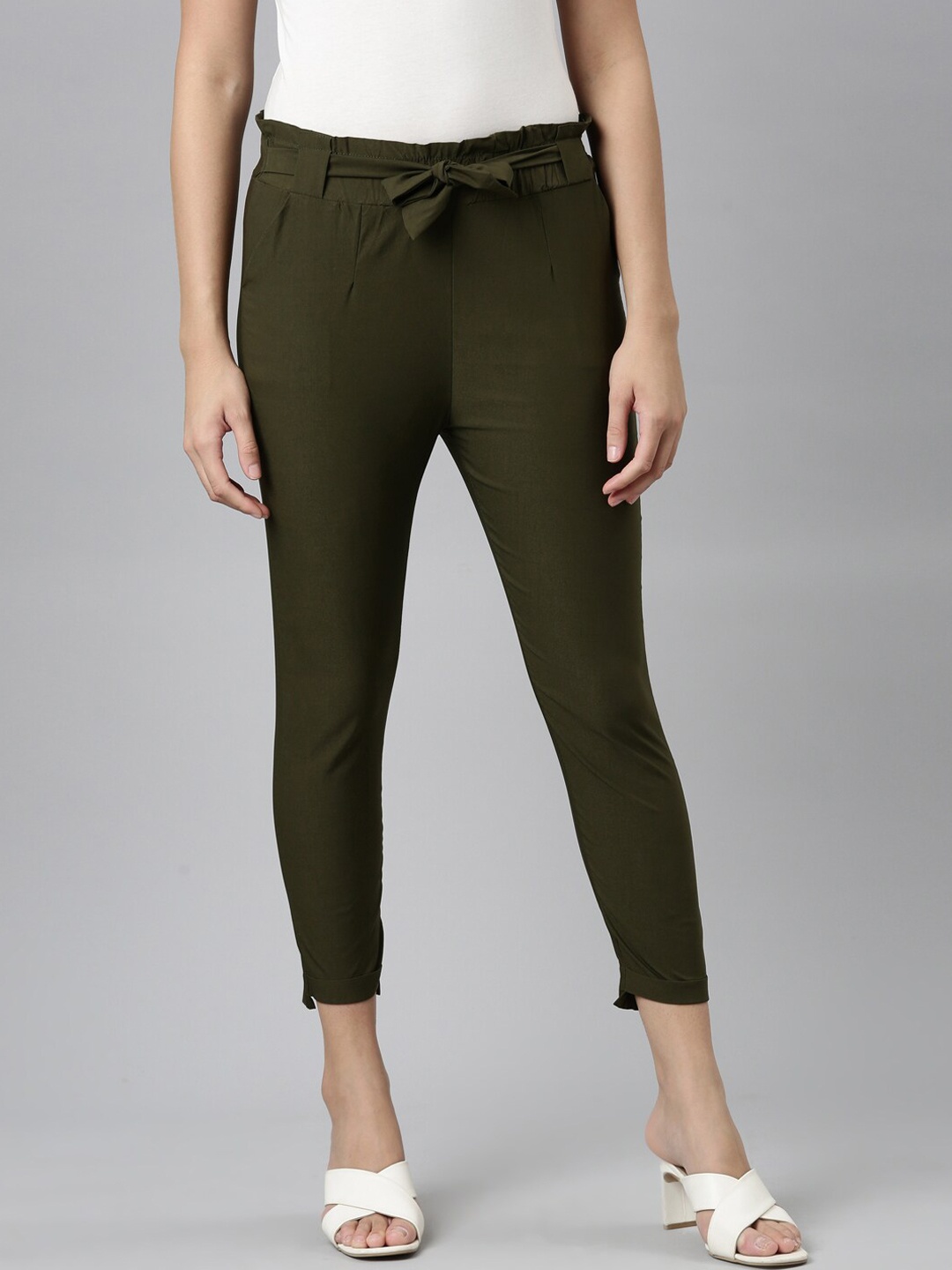 

GOLDSTROMS Women Relaxed Slim Fit High-Rise Cropped Peg Trousers, Olive