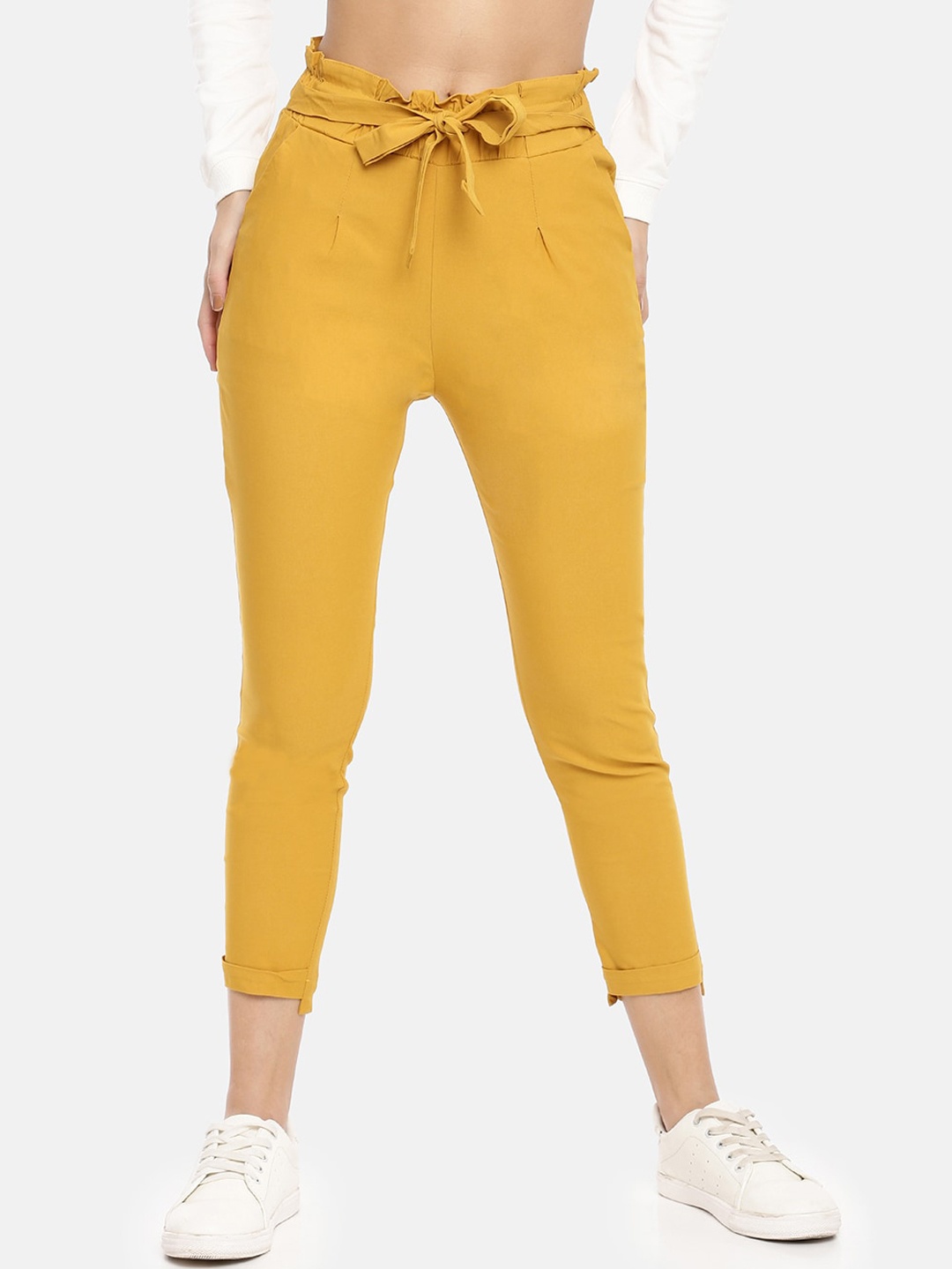 

GOLDSTROMS Women Relaxed Slim Fit High-Rise Cropped Peg Trousers, Mustard