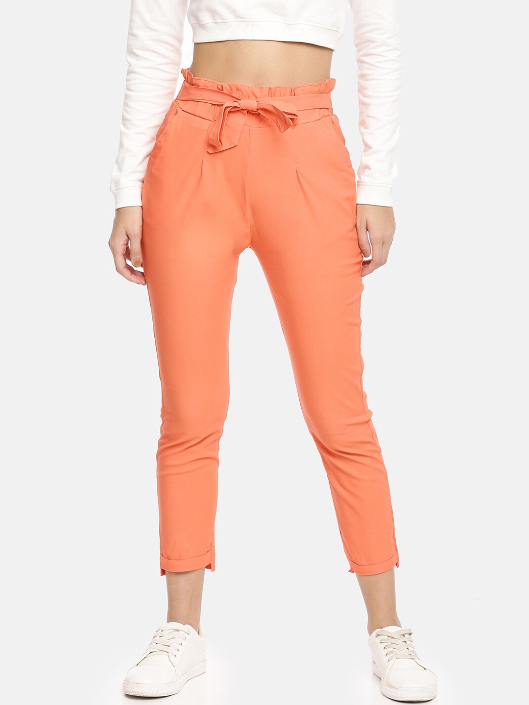 

GOLDSTROMS Women Orange Relaxed Slim Fit High-Rise Pleated Peg Trousers