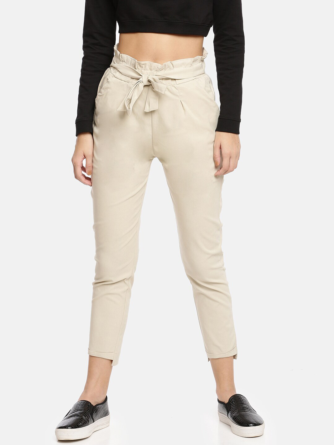 

GOLDSTROMS Women Relaxed Slim Fit High-Rise Peg Trousers, Beige