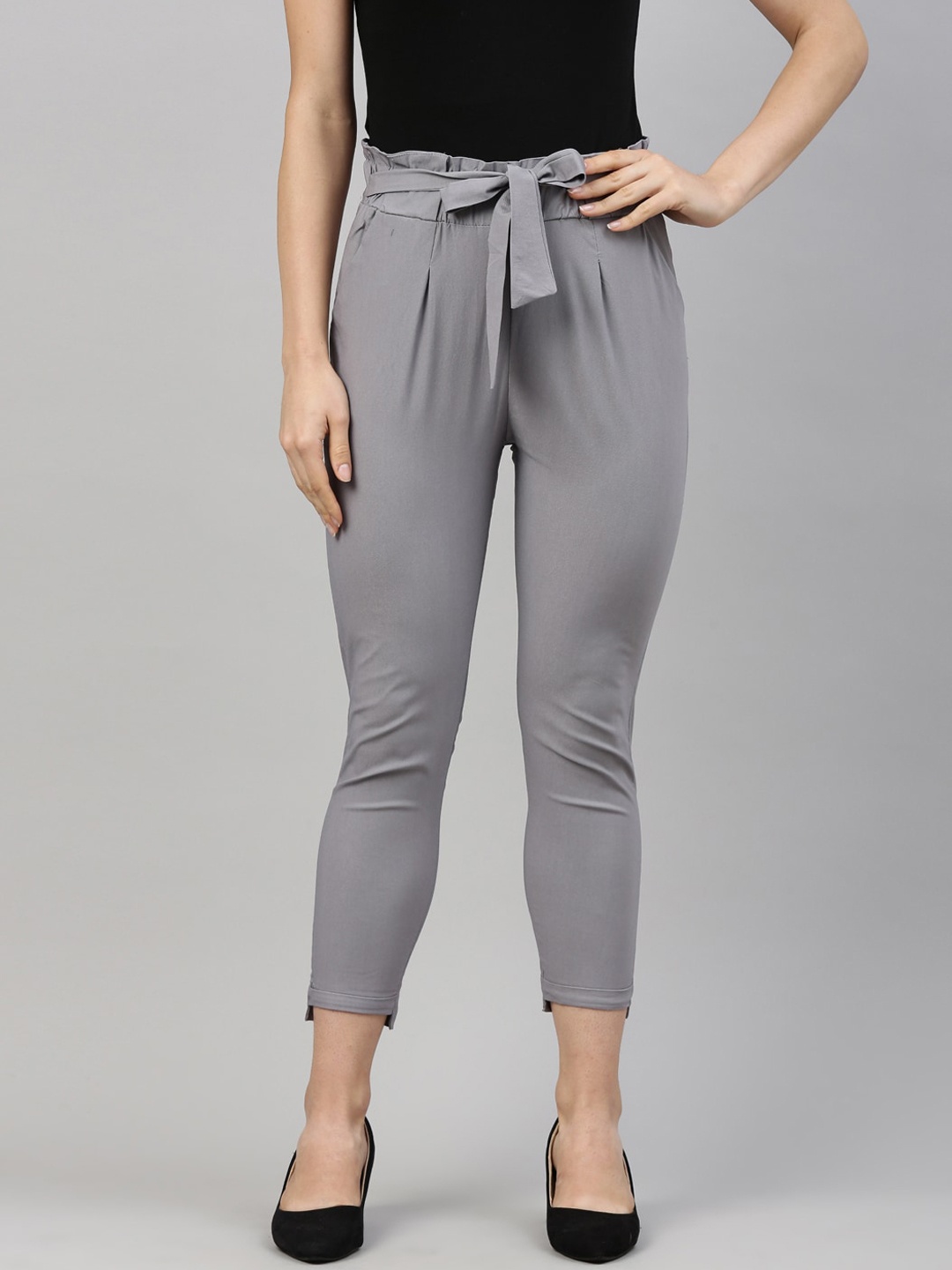 

GOLDSTROMS Women Relaxed Slim Fit High-Rise Pleated Peg Trousers, Grey