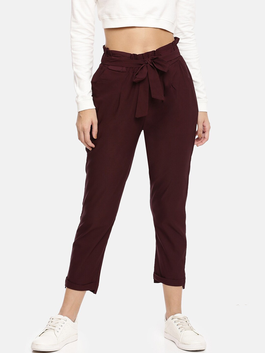 

GOLDSTROMS Women Relaxed Slim Fit High-Rise Peg Trousers, Maroon