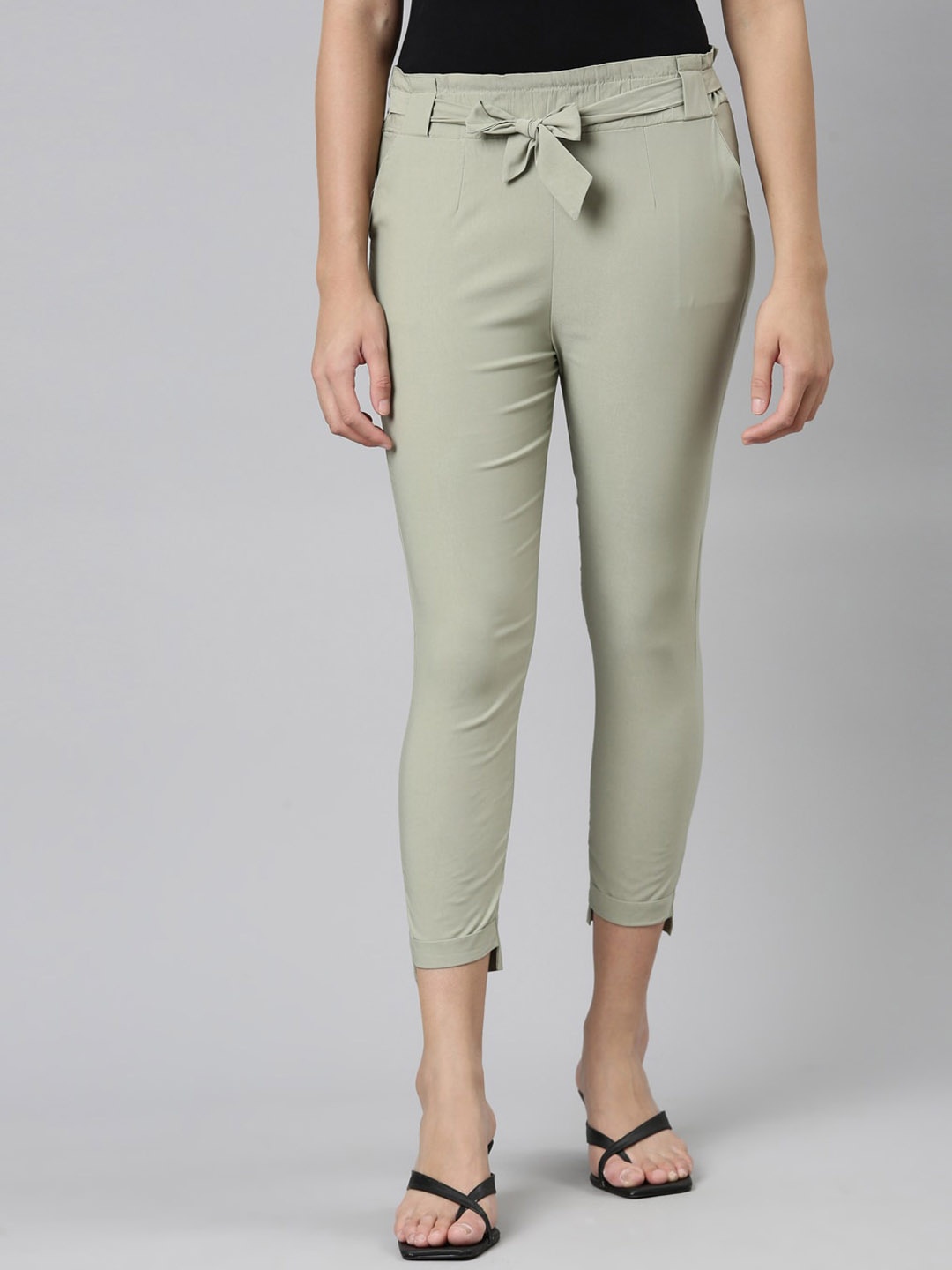 

GOLDSTROMS Women Smart Slim Fit High-Rise Cropped Trousers, Olive