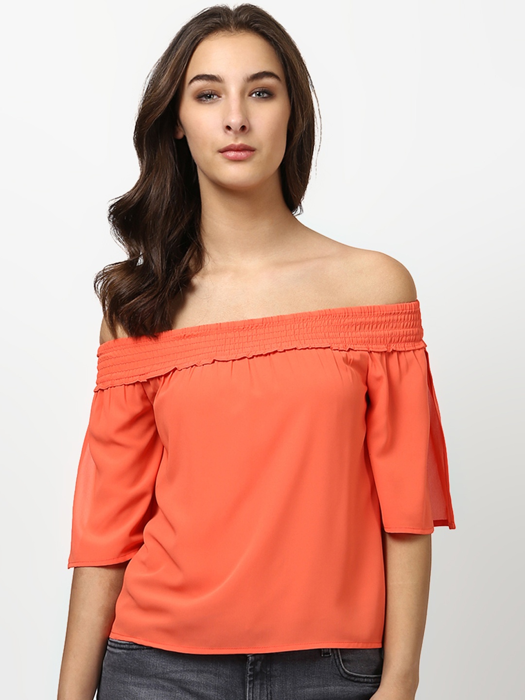 

Harpa Women Orange Solid Bardot Top