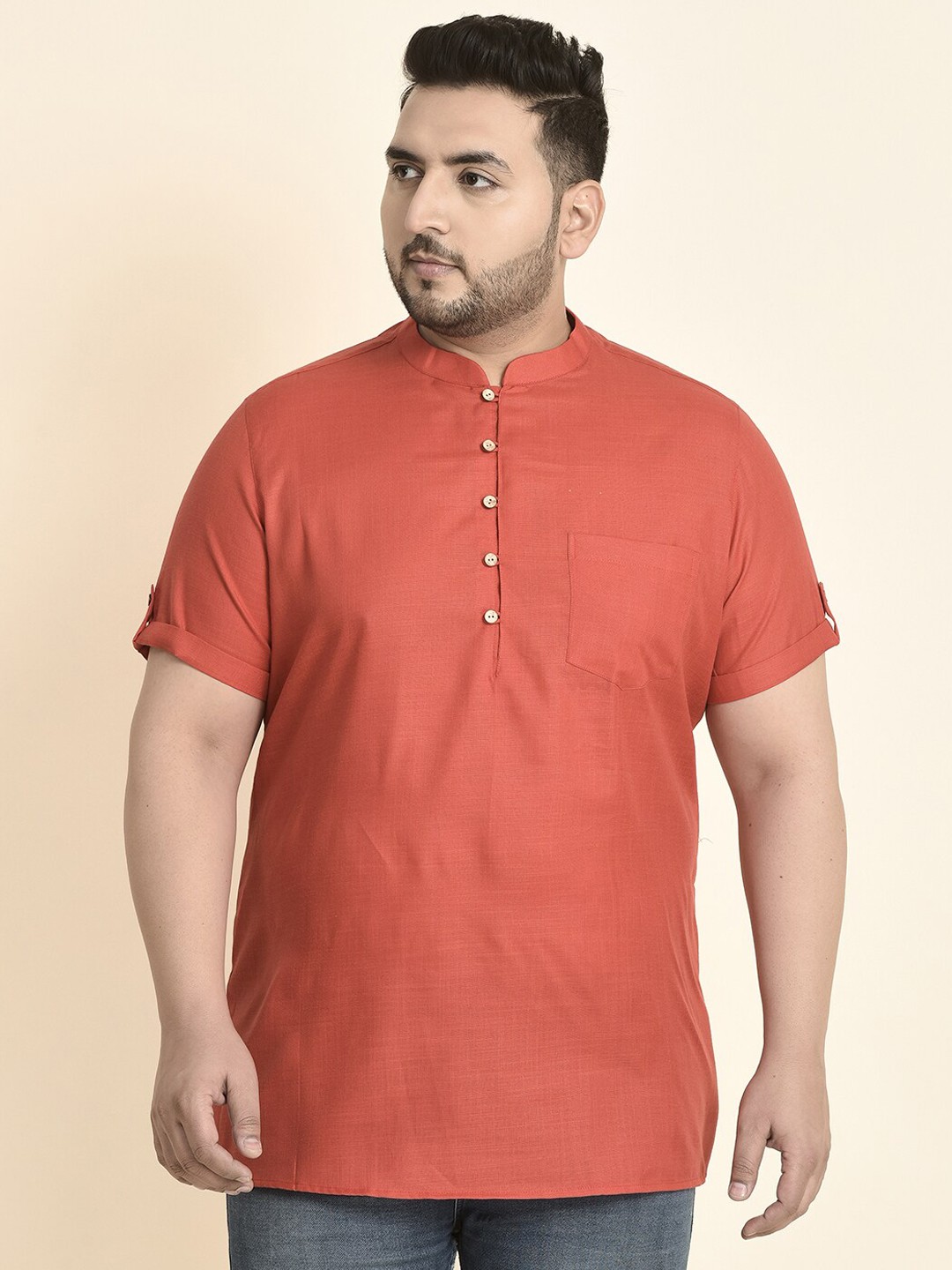 

Sztori Mandarin Collar Short Sleeves Kurta, Red