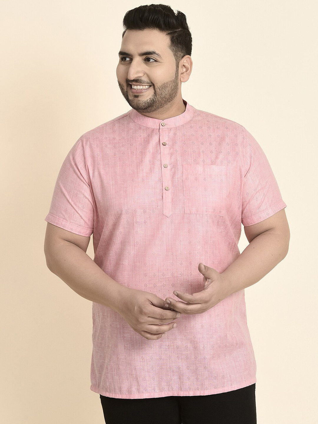 

Sztori Plus Size Woven Design Mandarin Collar Jacquard Kurta, Pink