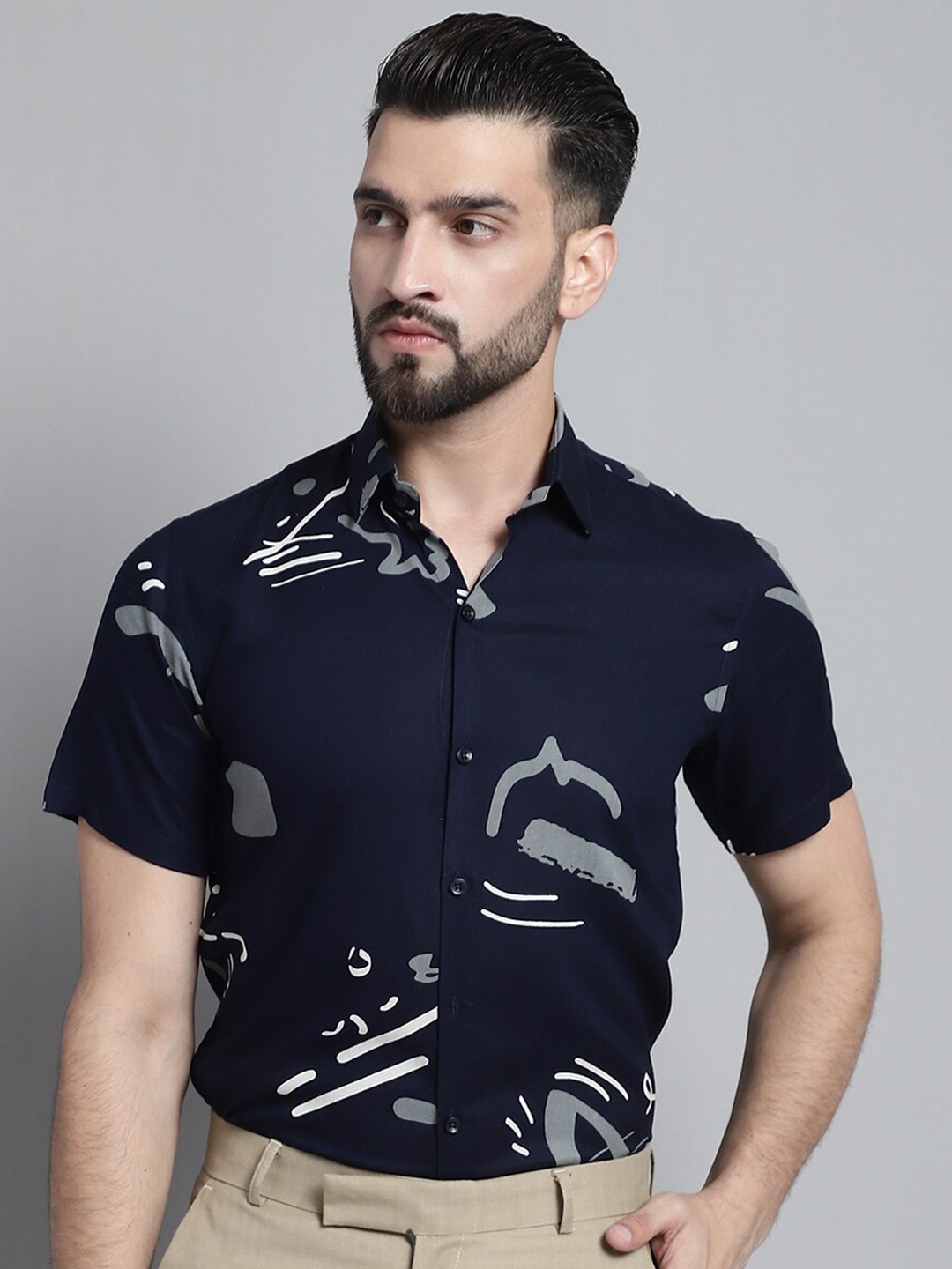 

JAINISH Classic Abstract Printed Formal Shirt, Navy blue