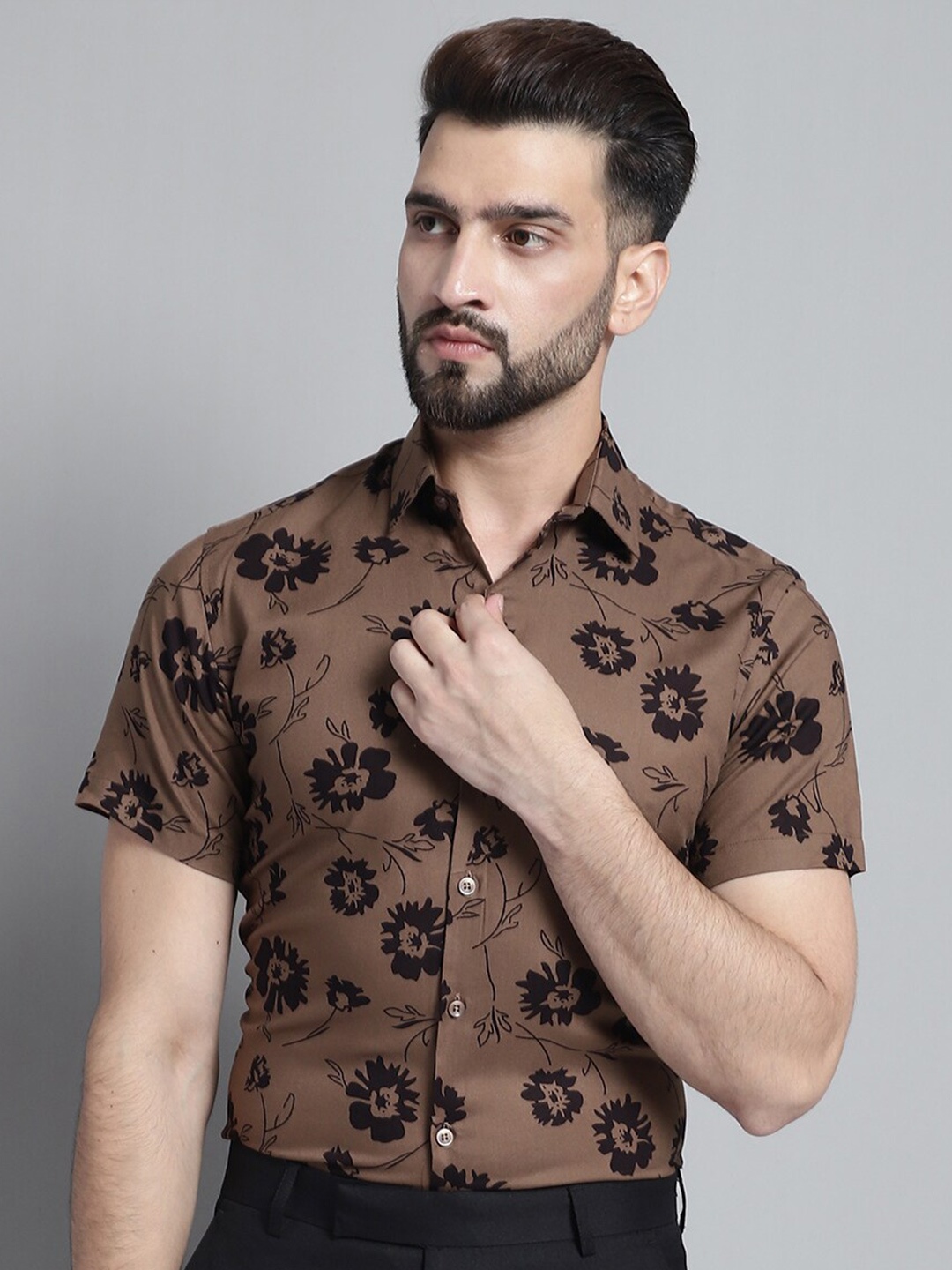 JAINISH Classic Floral Printed Formal Shirt, Brown