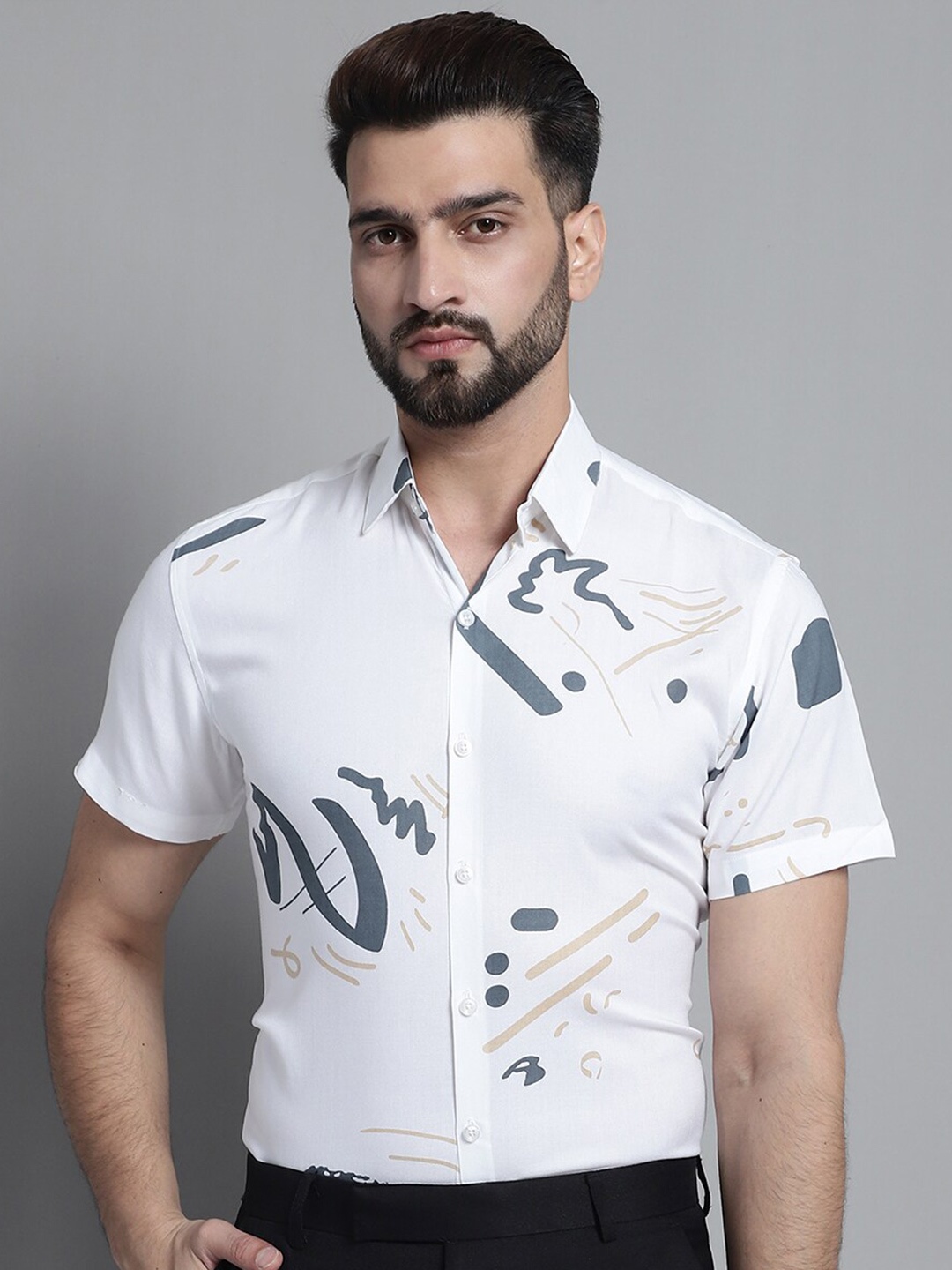 

JAINISH Classic Abstract Printed Formal Shirt, White