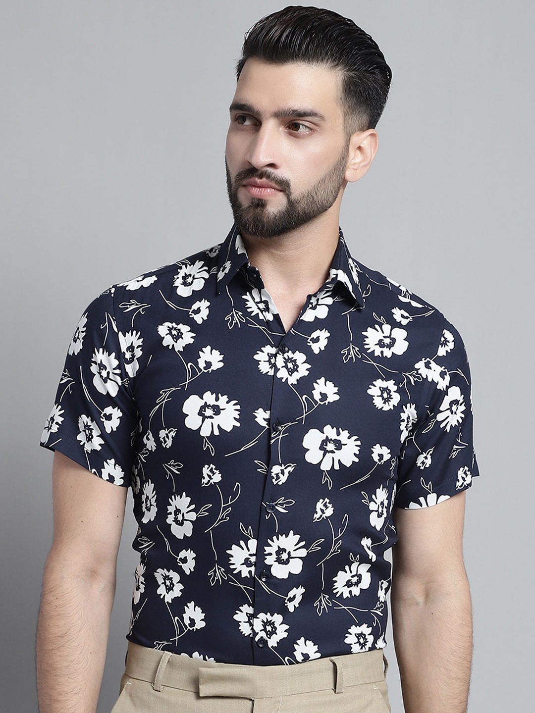 

JAINISH Classic Floral Printed Formal Shirt, Navy blue