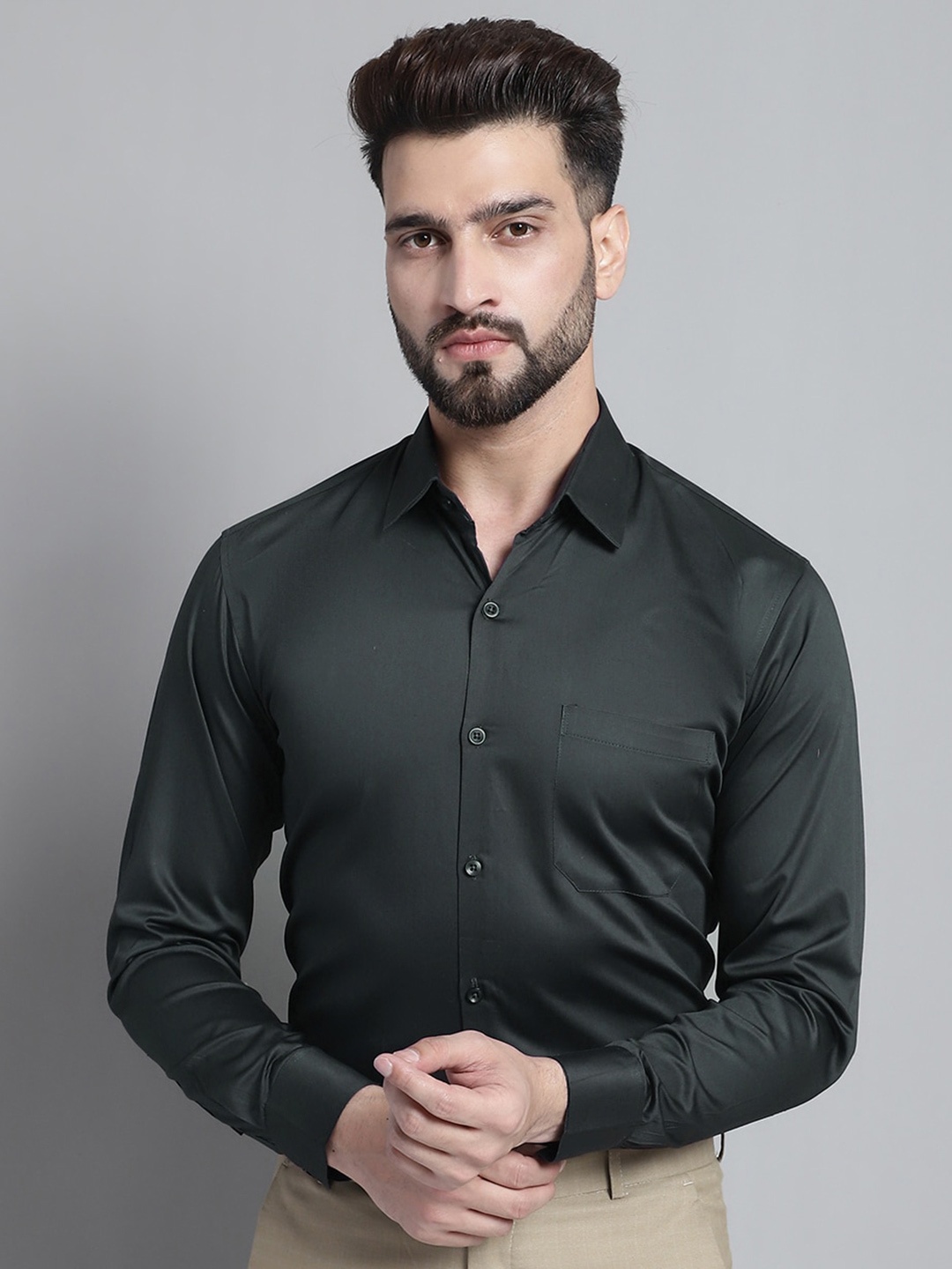

JAINISH Classic Cotton Satin Formal Shirt, Olive