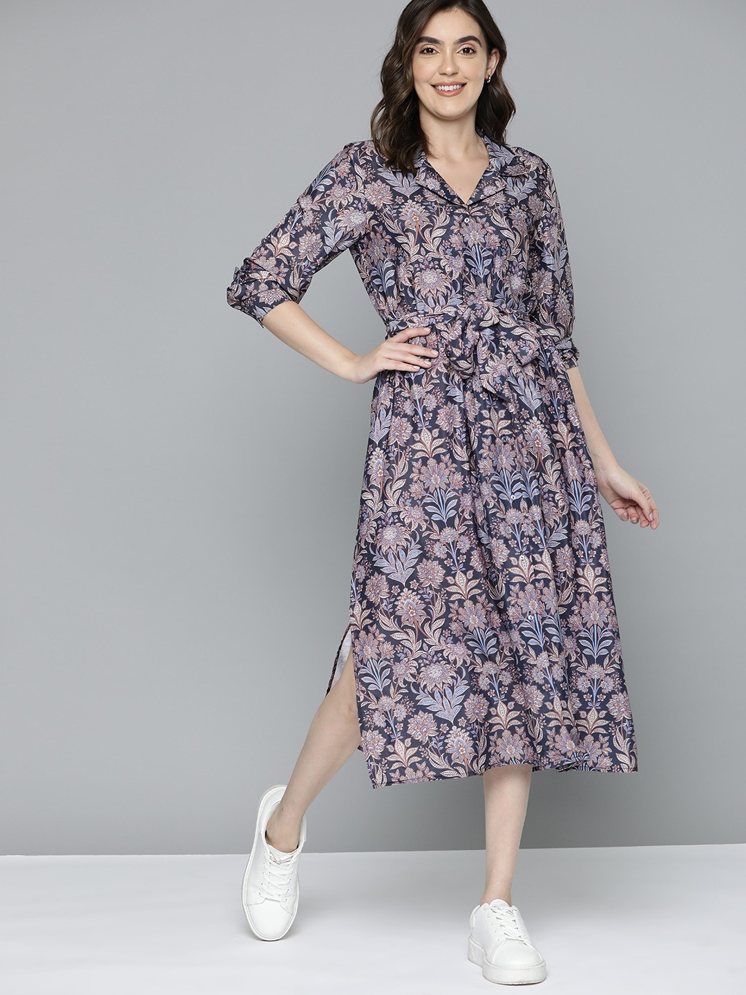 

Mast & Harbour Floral Print Crepe Shirt Midi Dress, Black