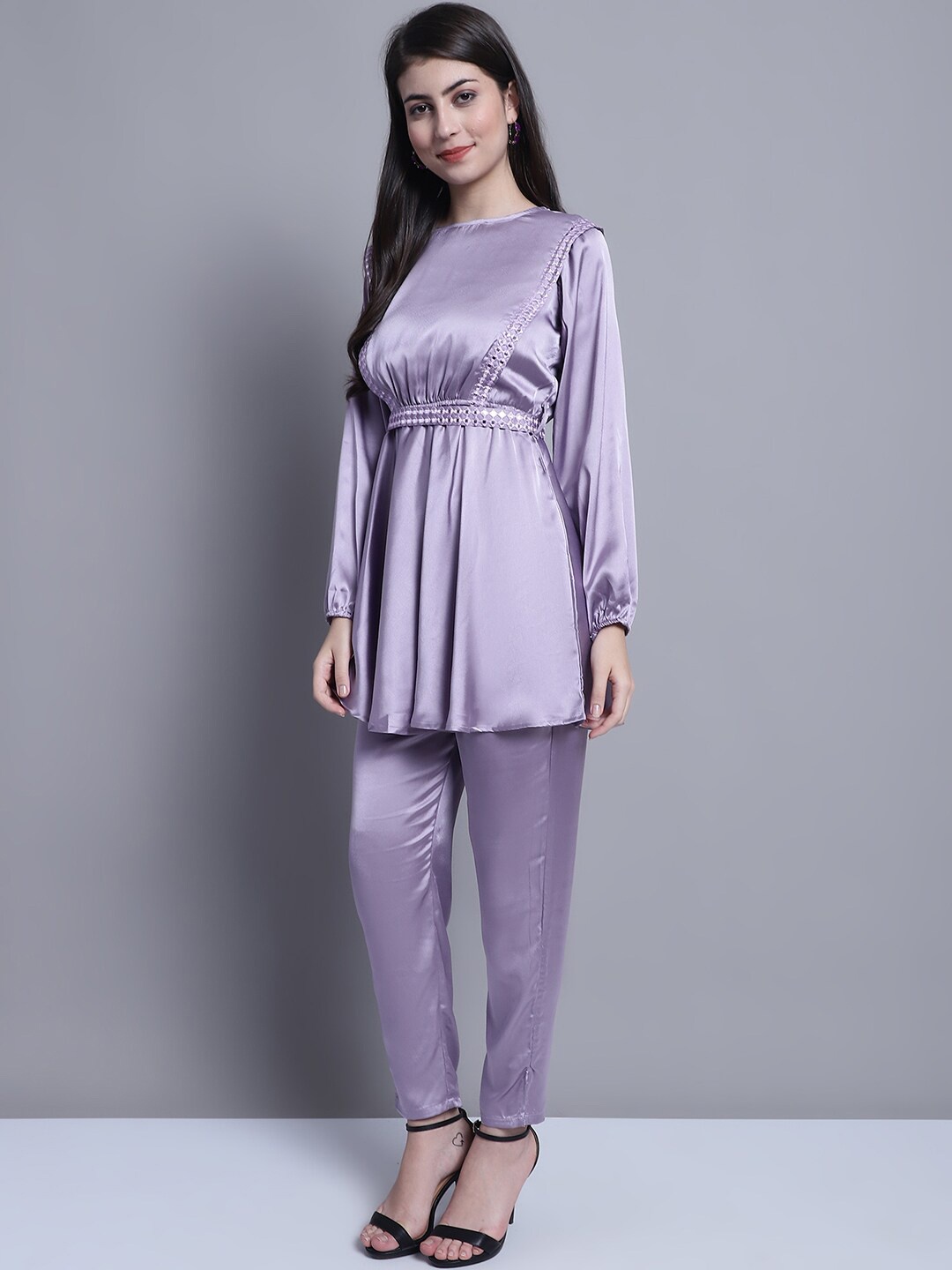 

JAINISH Women Embroidered A-line Tunic & Trouser With Belt, Purple